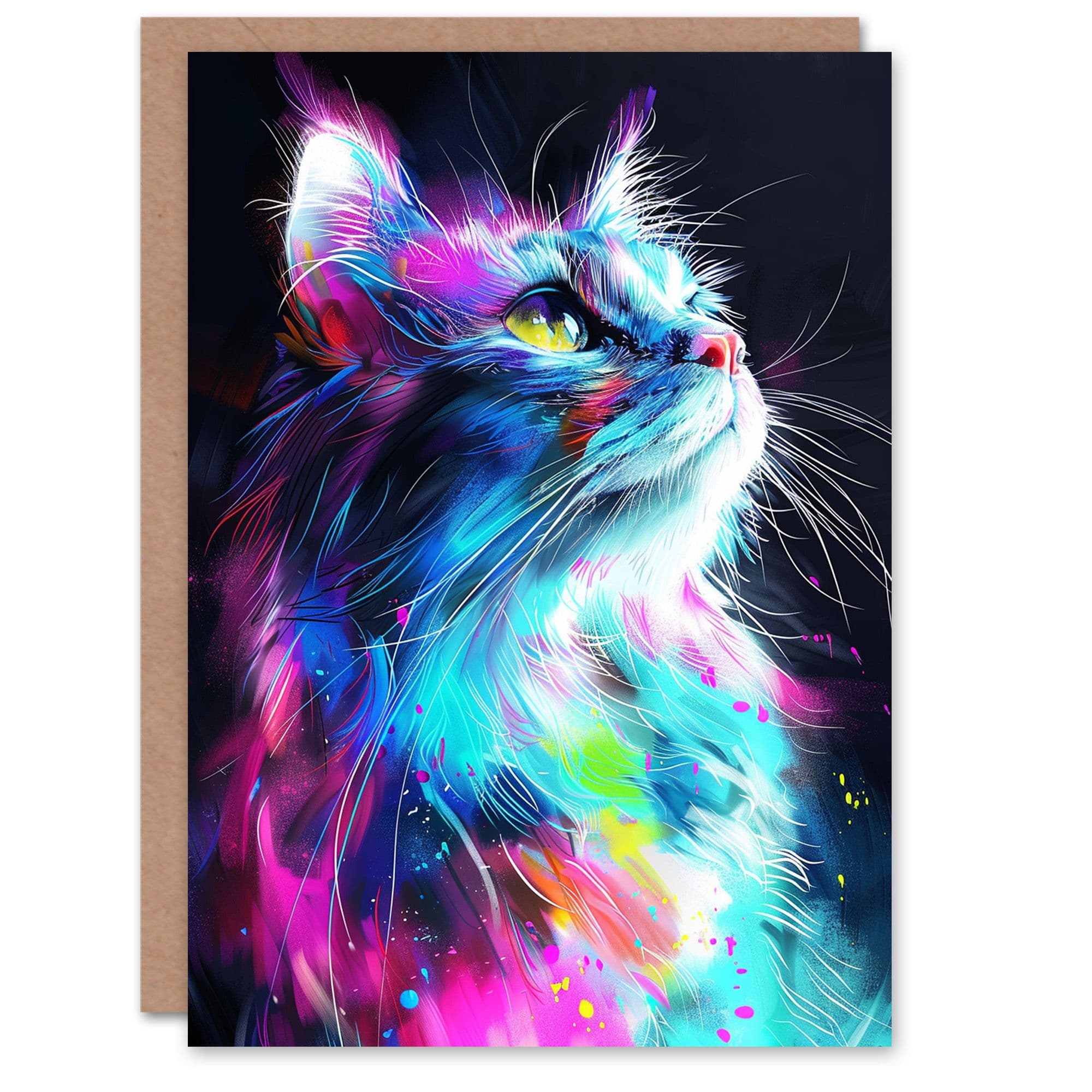 Birthday Card Cat Lover Galactic Kitty Neon Colour Portrait
