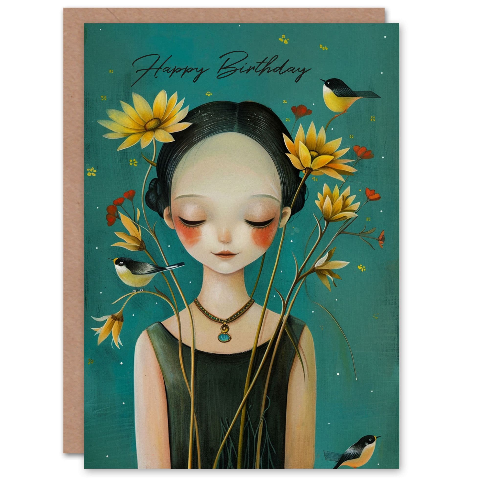 Birthday Card Garden Flower Girl Bird Lady Cute Portrait Greeting Card