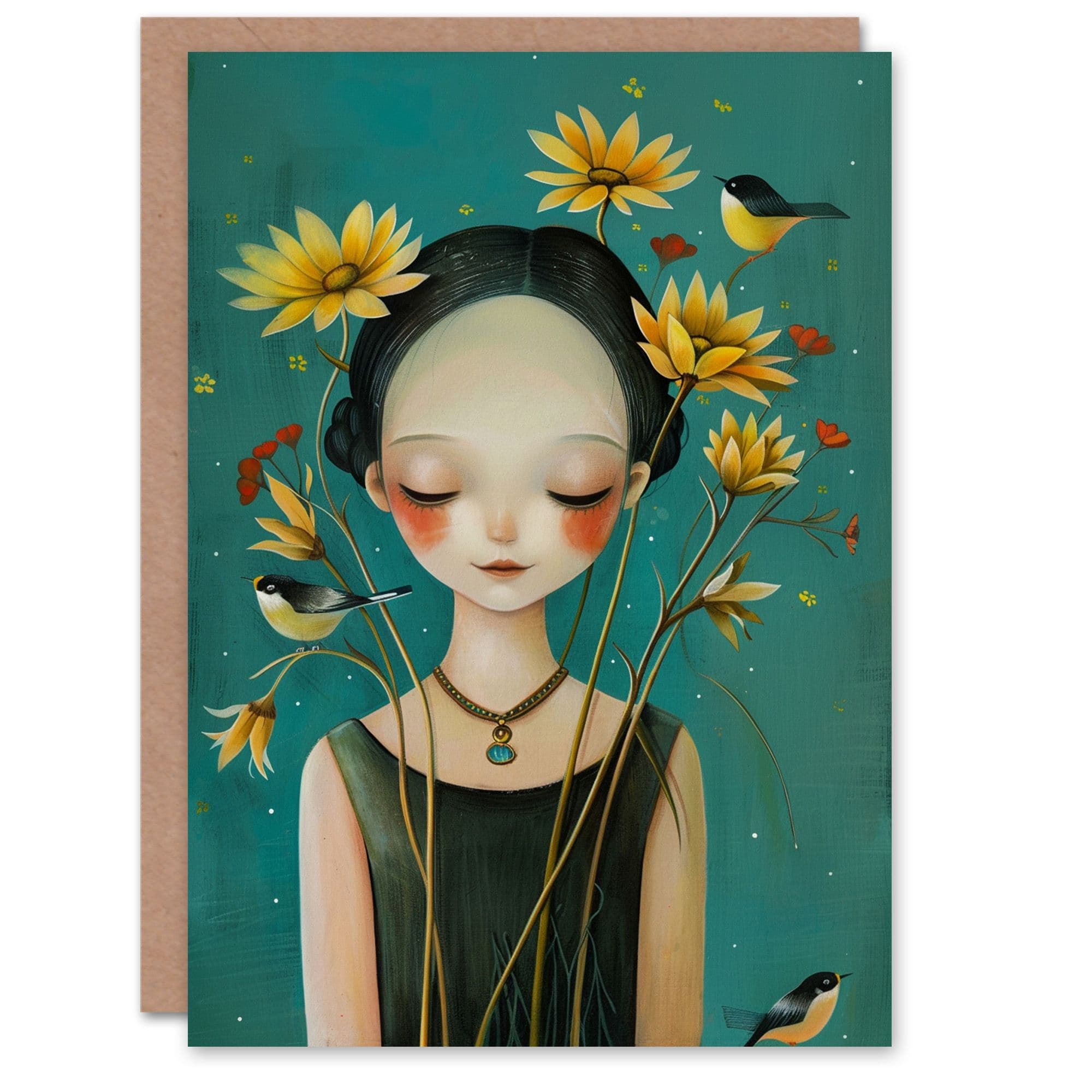 Birthday Card Bird Garden Flower Cute Portrait Greeting Card