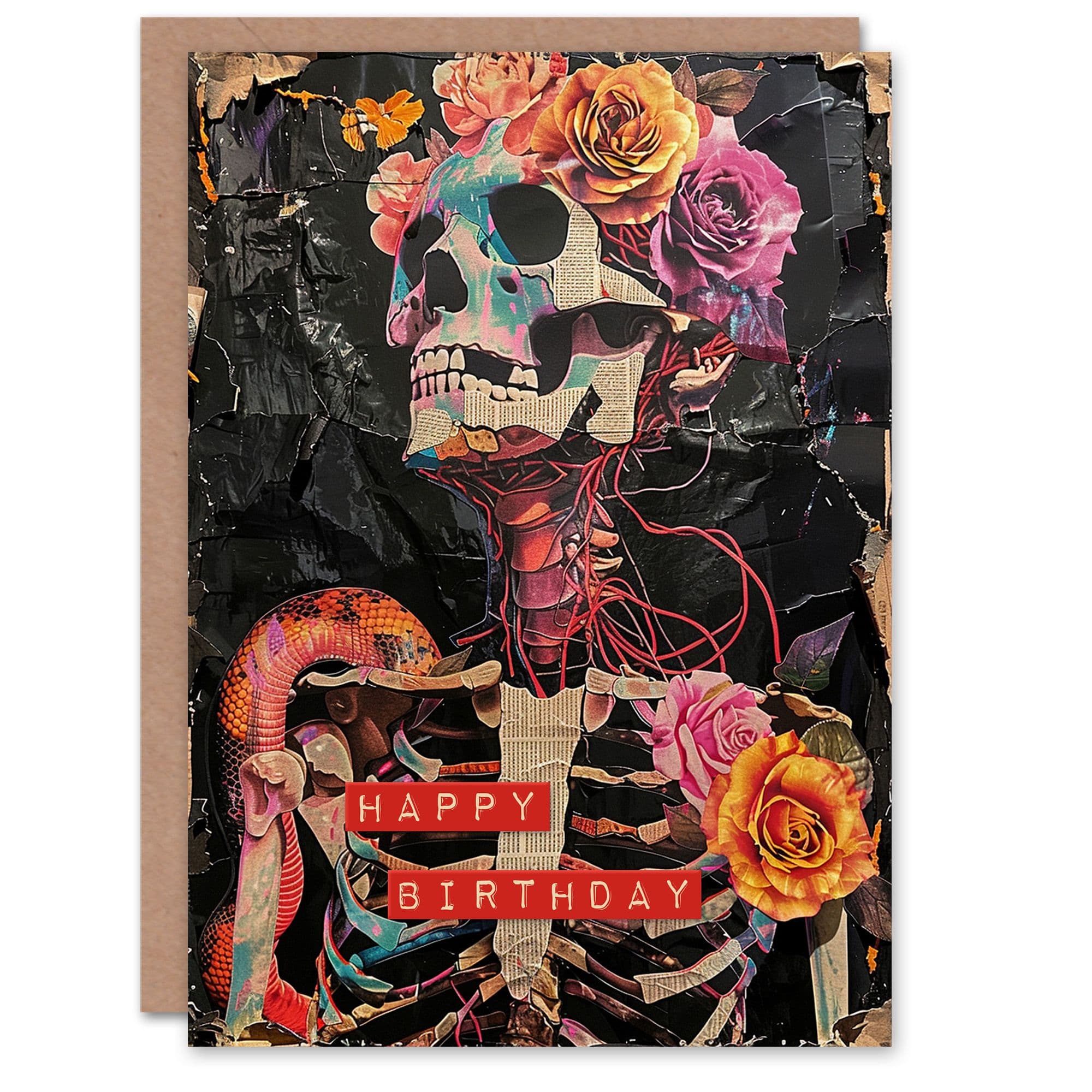 Birthday Card Floral Gothic Memento Mori Skeleton Collage