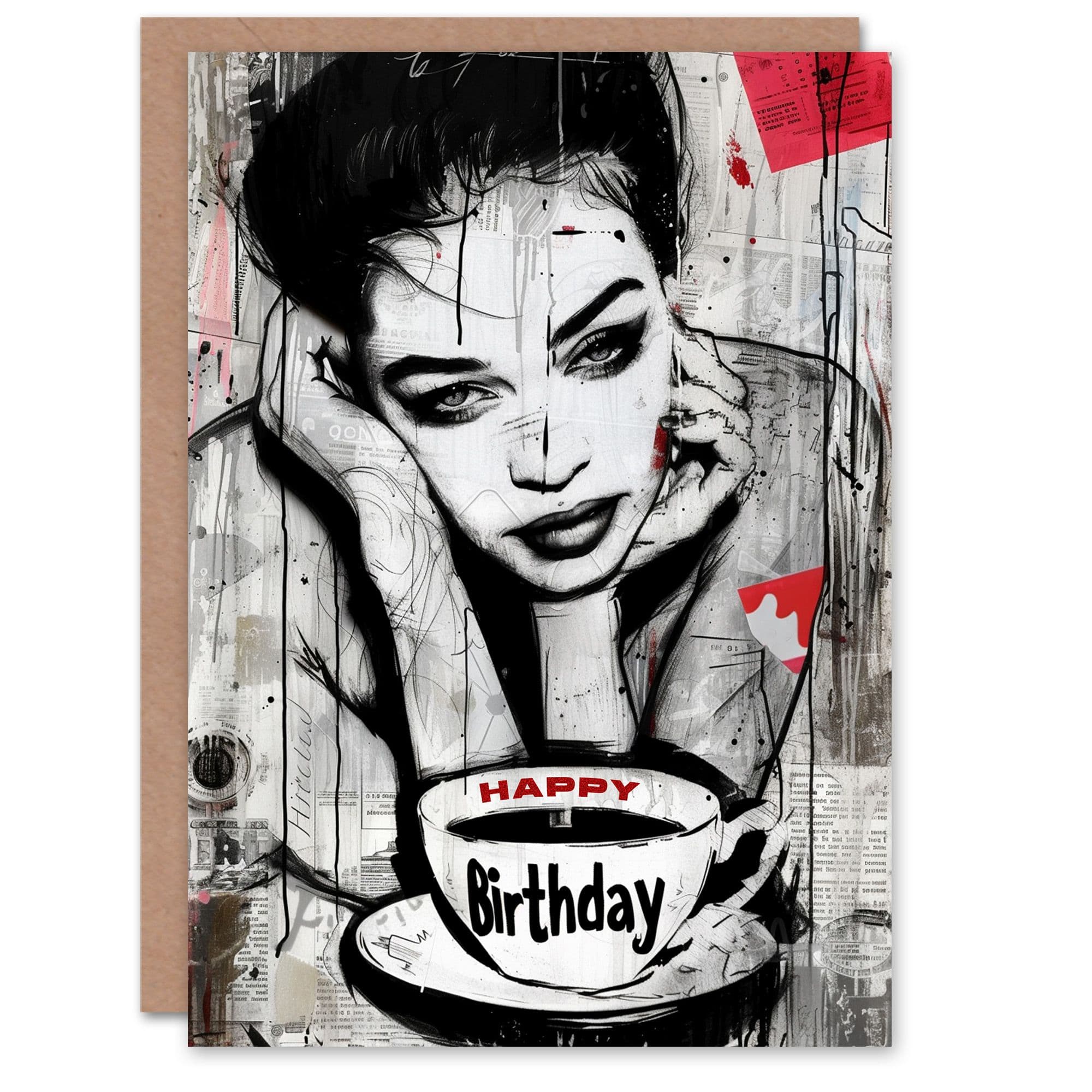 Birthday Card Grunge Lady Coffee Collage Portrait Painting