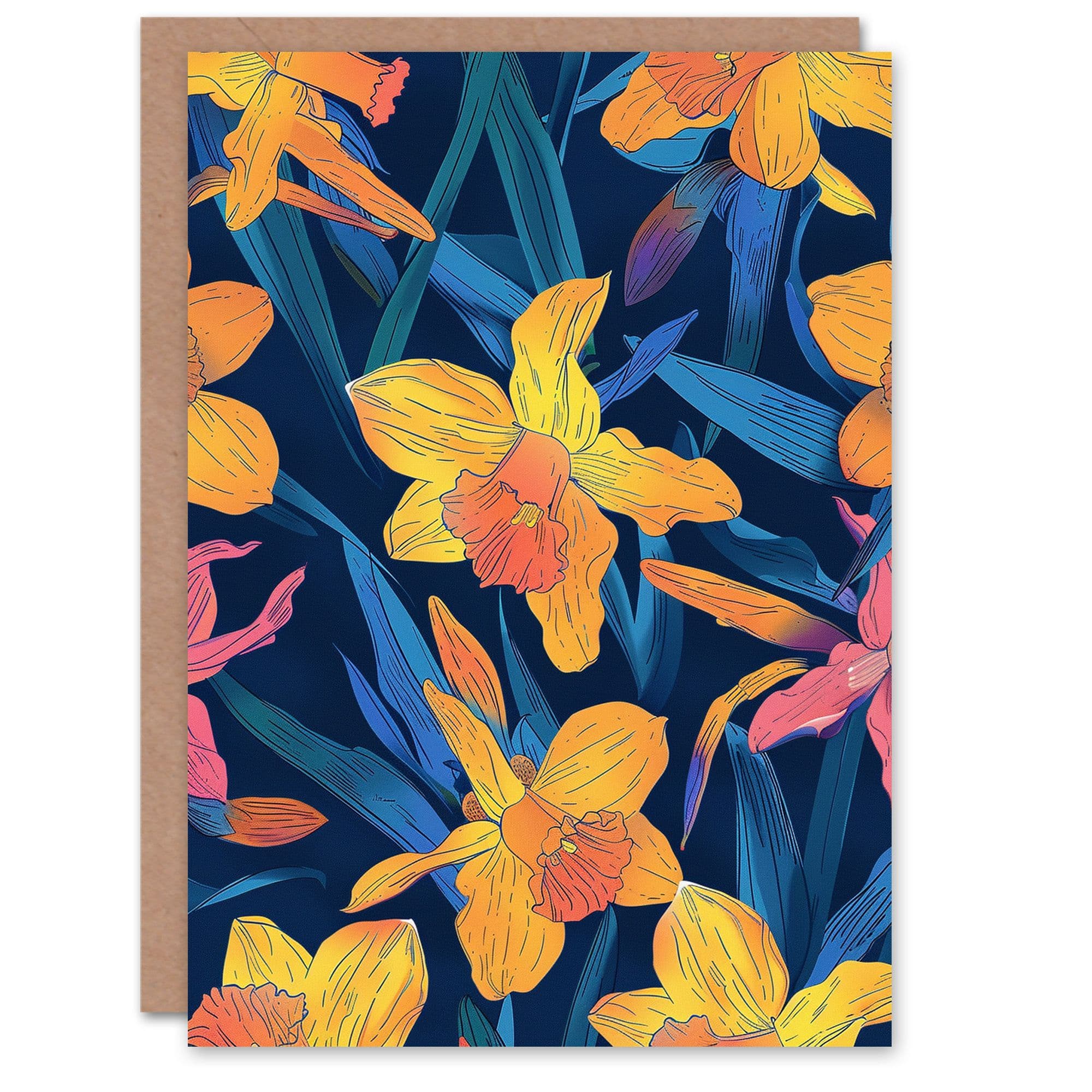 Birthday Card Daffodil Flowers Vibrant Orange Pink Design