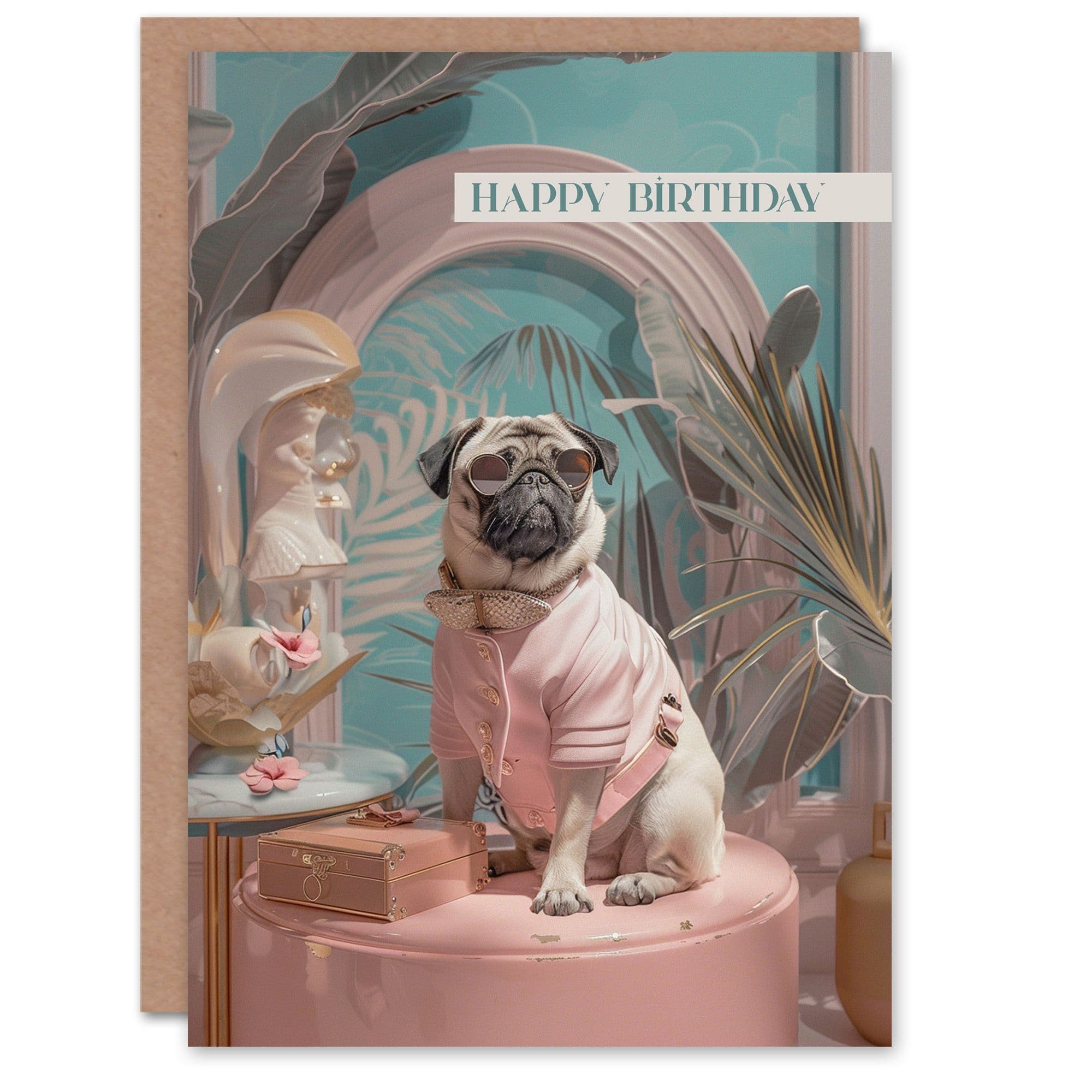 Birthday Card Luxury Pug Dog Lover Fashion Pet Portrait Greeting Card