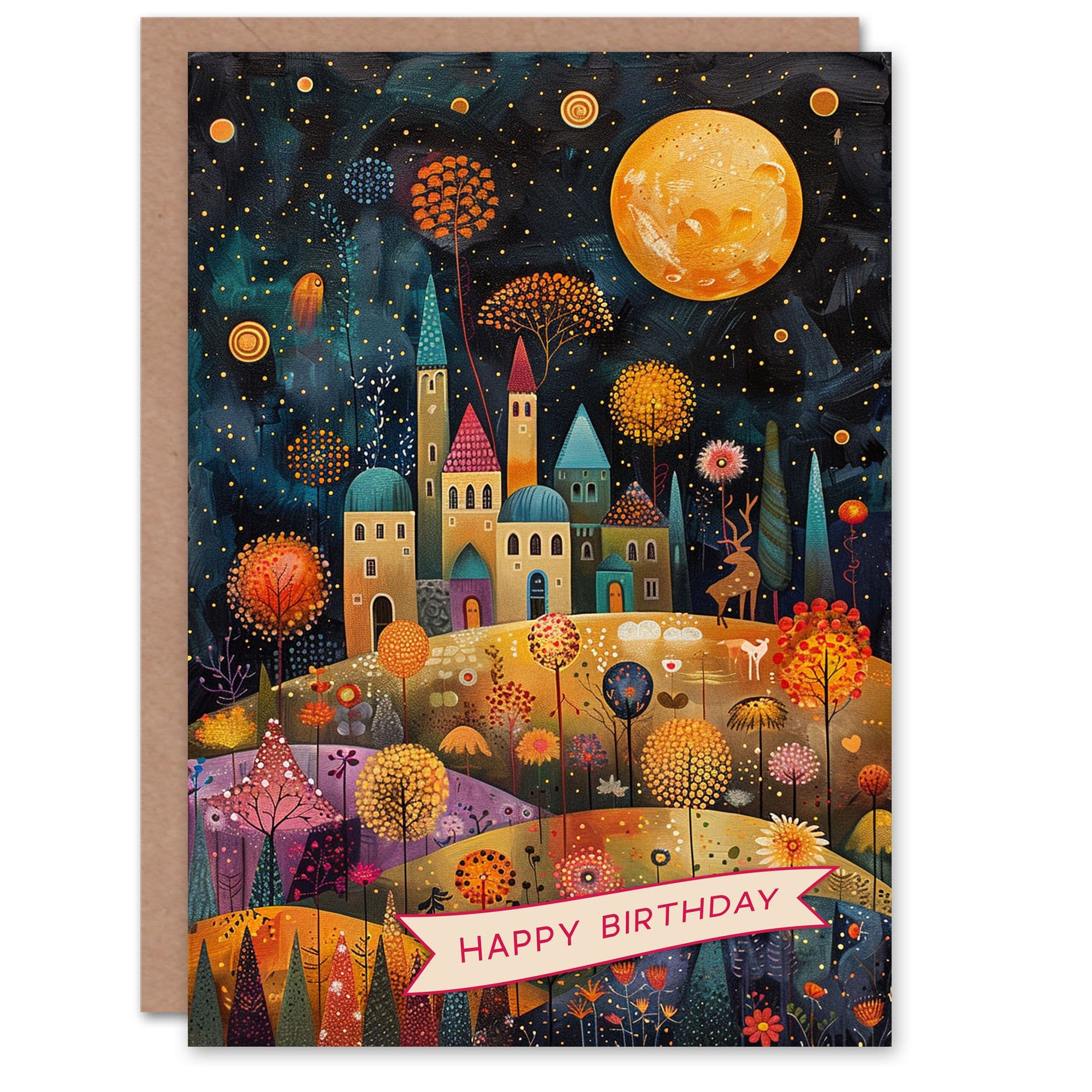 Birthday Card Hilltop City Full Moon Stars Colourful Folk Art