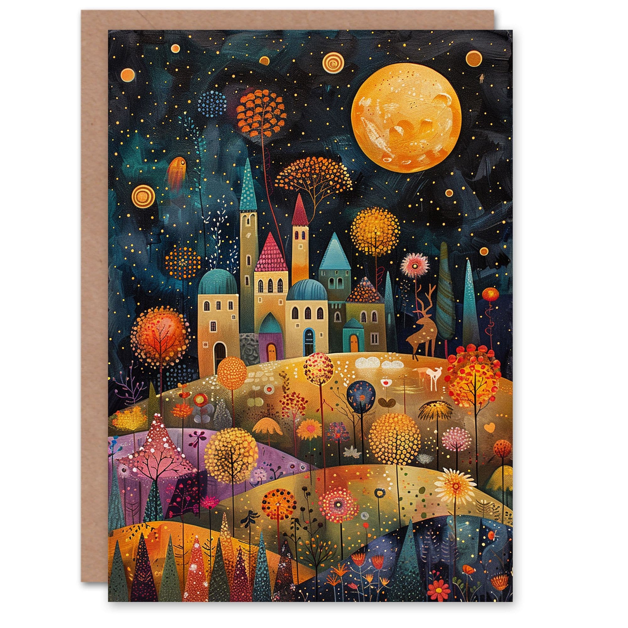 Birthday Card Hilltop City Stars Full Moon Colourful Folk Art