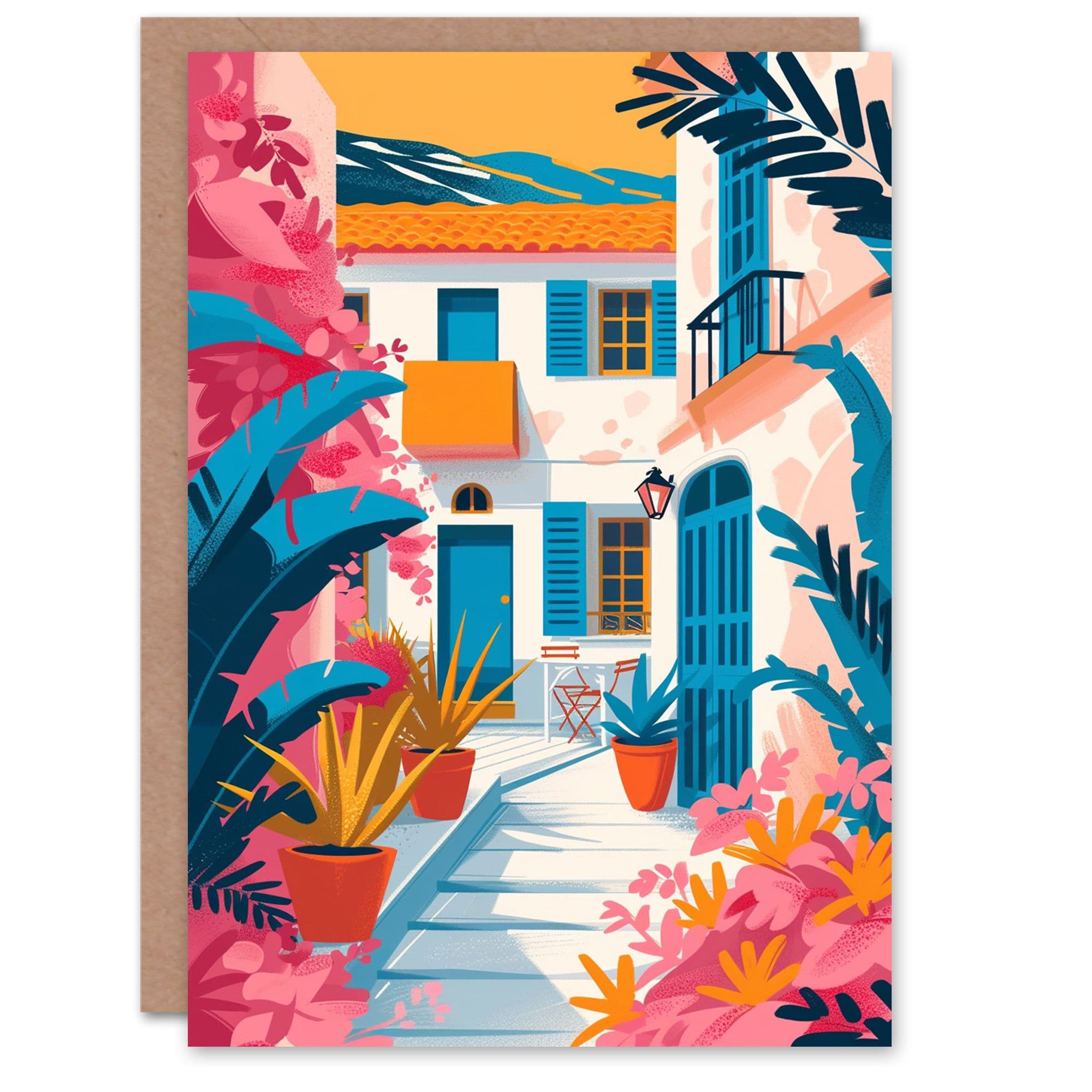 Birthday Card Mediterranean Houses Pink Orange Design