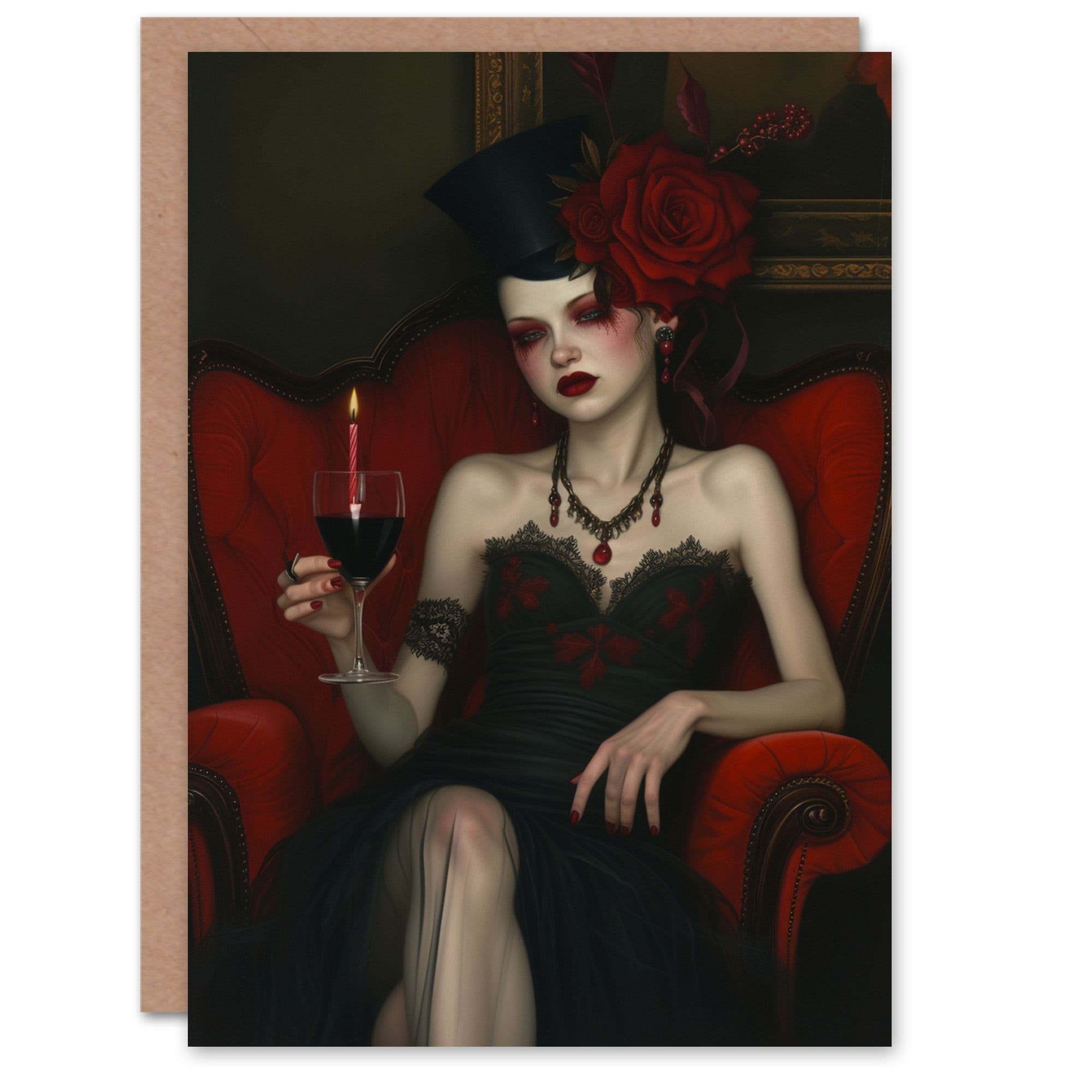 Birthday Card Horror Goth Fashion Red Wine Lady Portrait Greeting Card