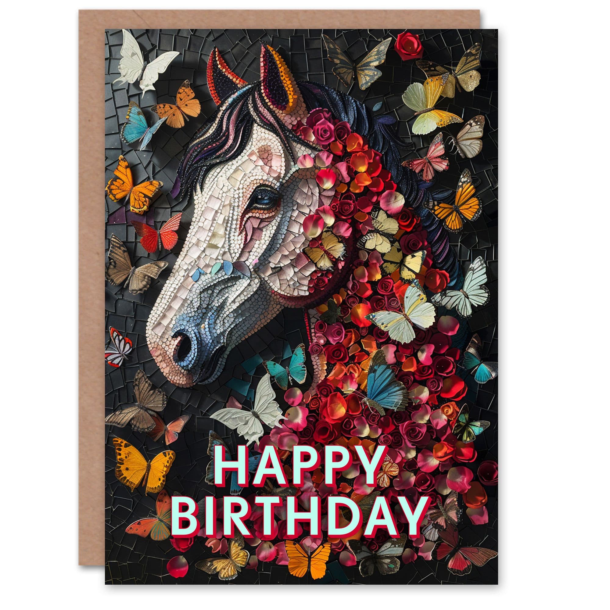 Birthday Card Horse Butterflies Mosaic Nature Floral Portrait