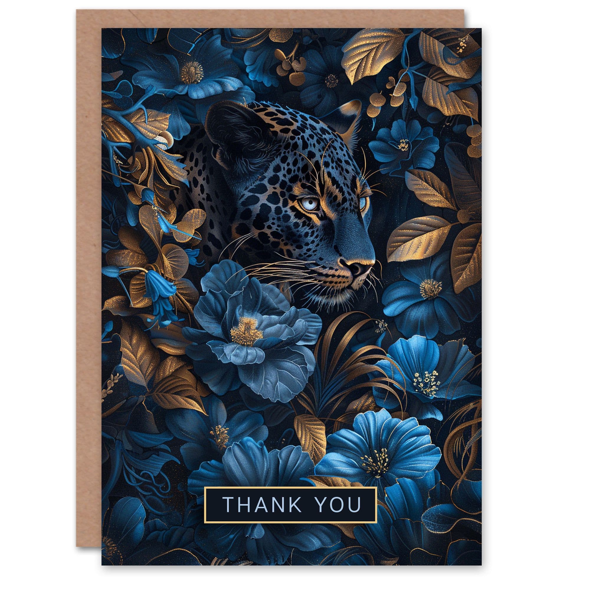 Thank You Card Jaguar Leopard Blue Gold Nature Floral Jungle