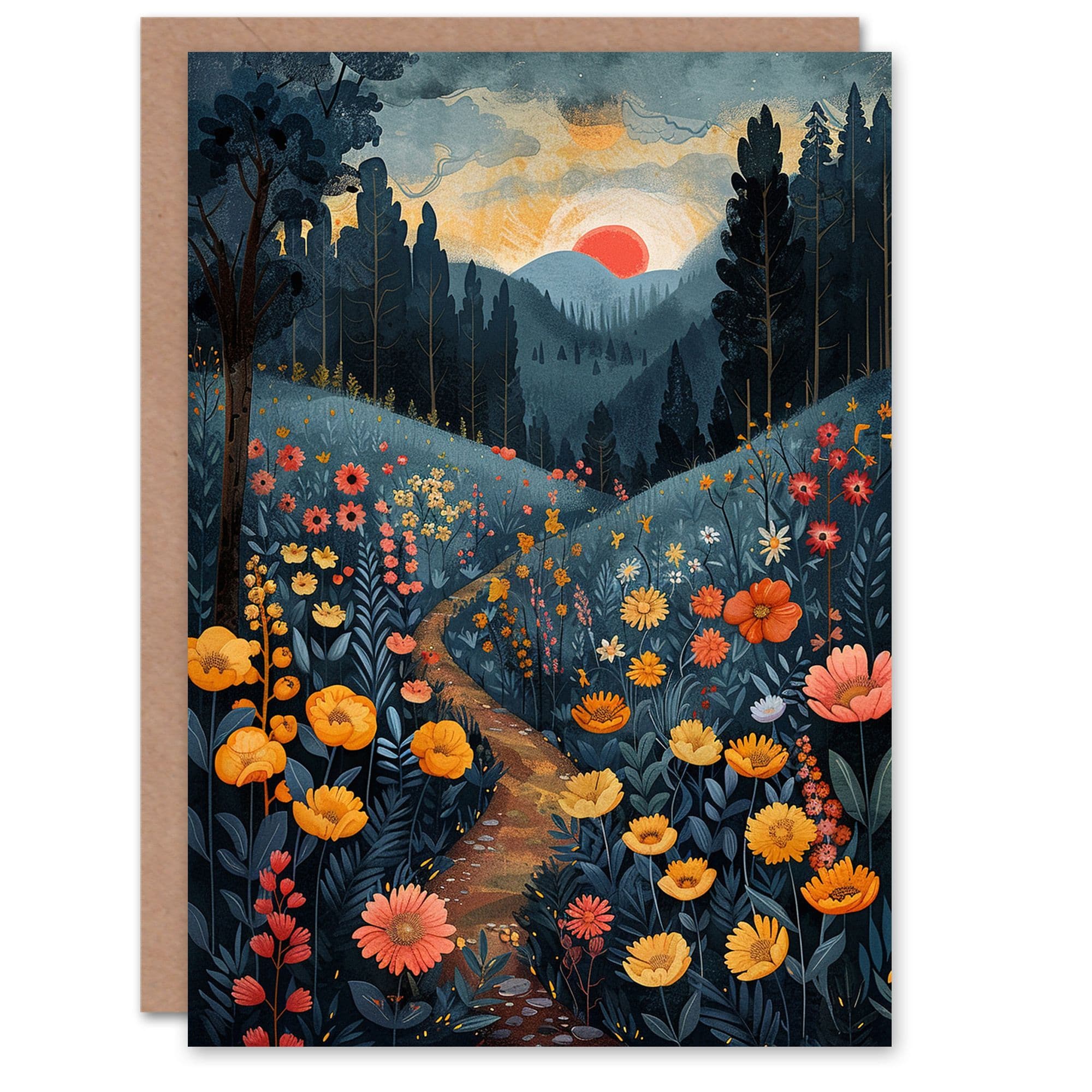 Birthday Card Colourful Flower Path Forest Landscape Sunrise