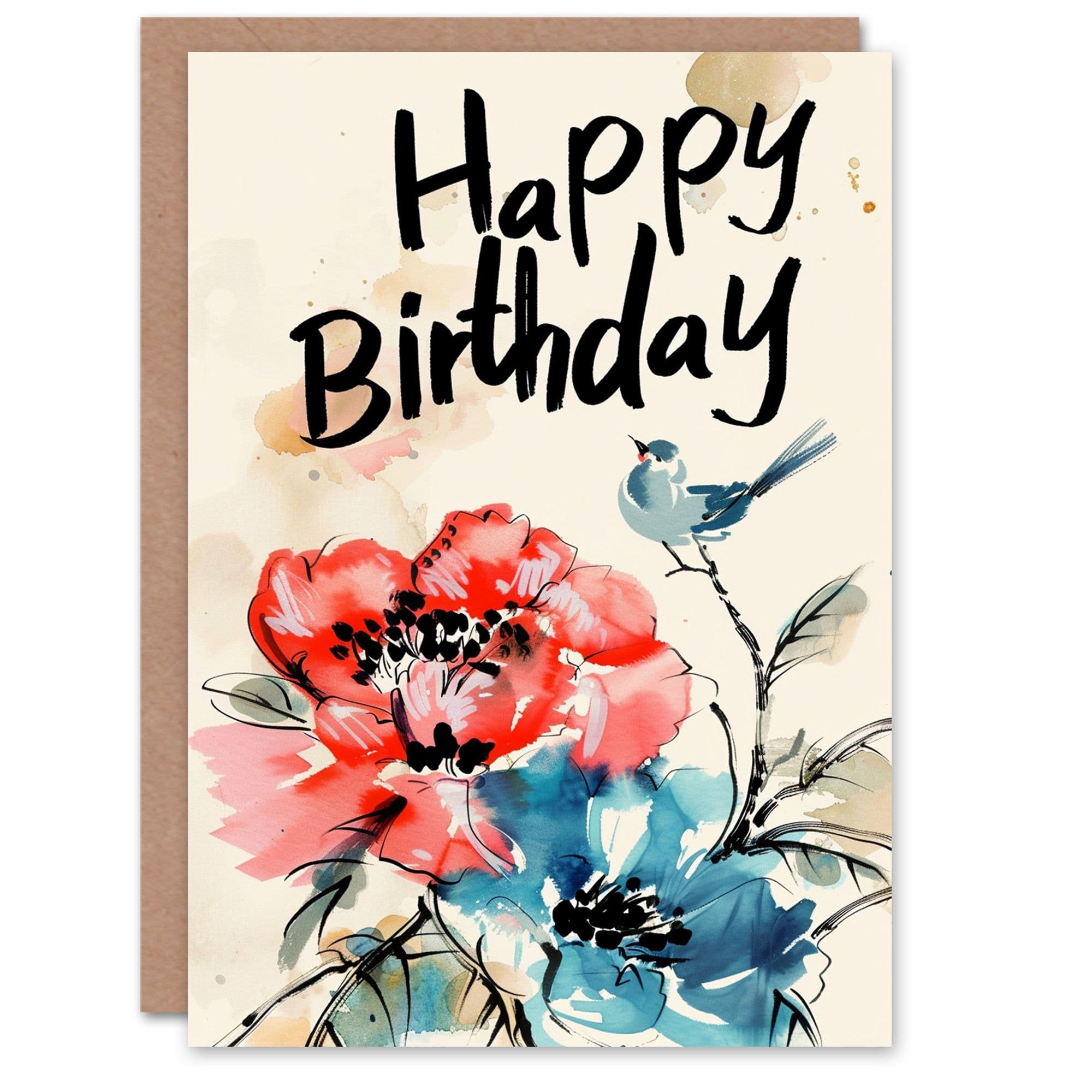 Birthday Card Bluebird Flowers Watercolour Ink Painting