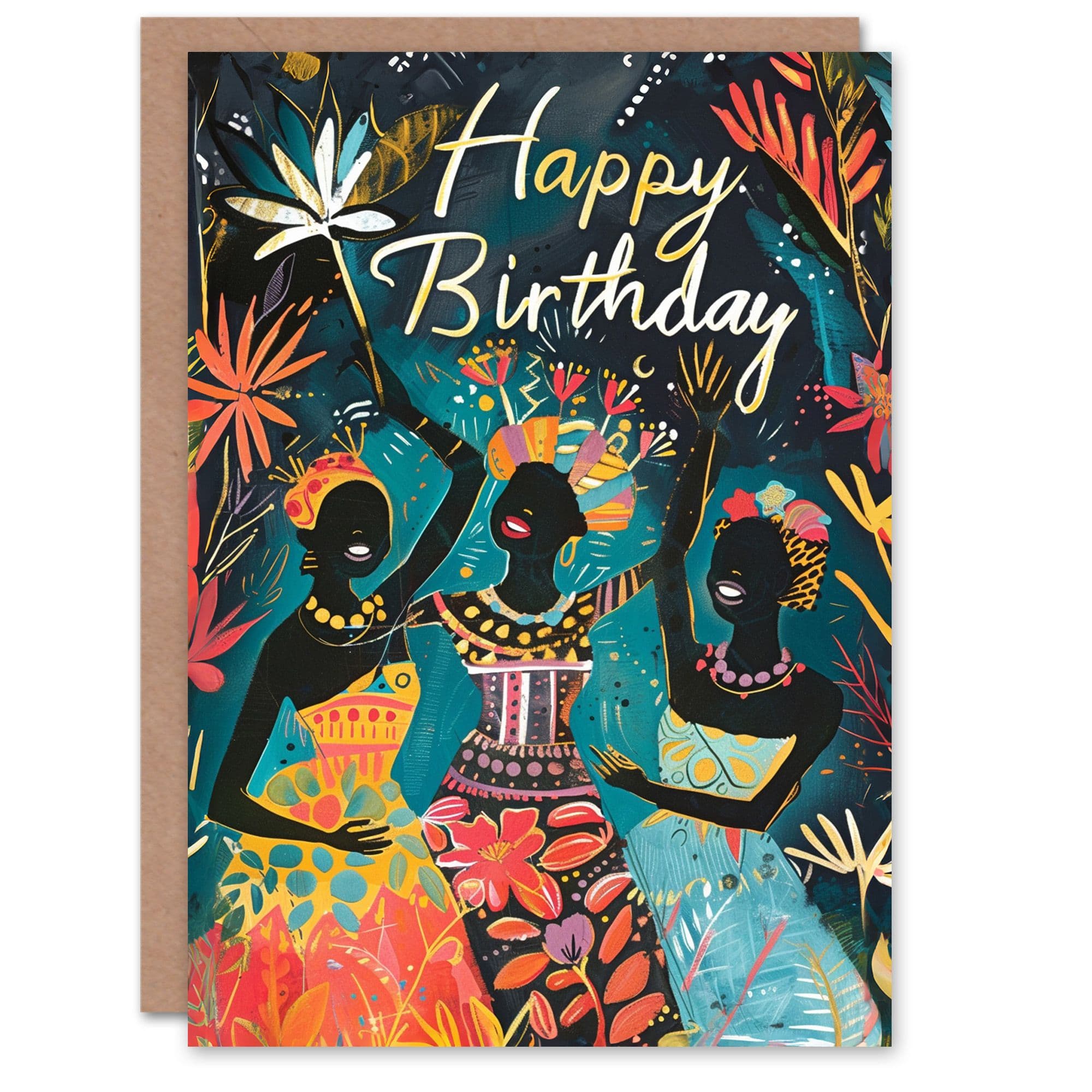 Birthday Card Joyful African Dancing Colourful Painting