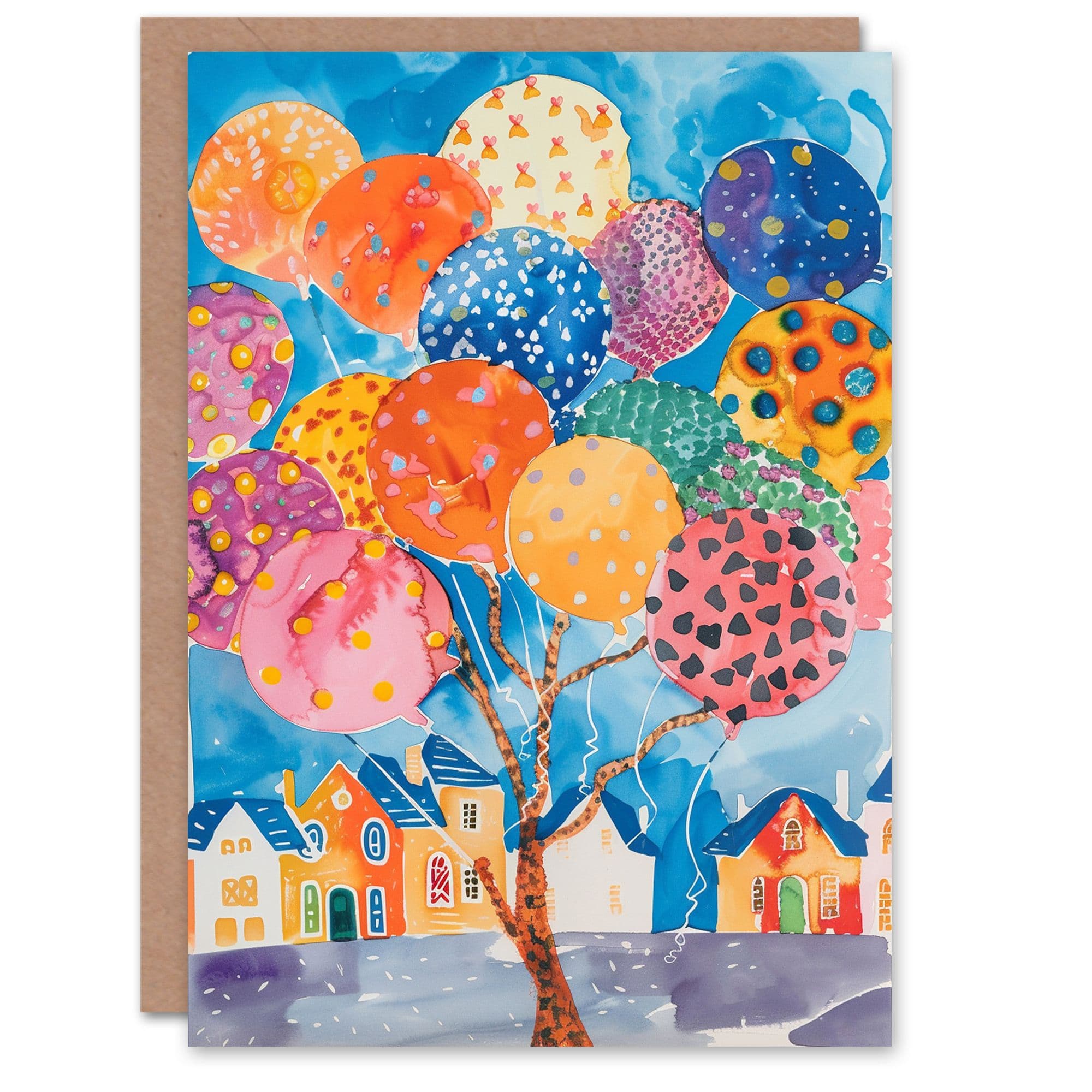 Birthday Card Balloon Tree Village Colourful Watercolour Greeting Card