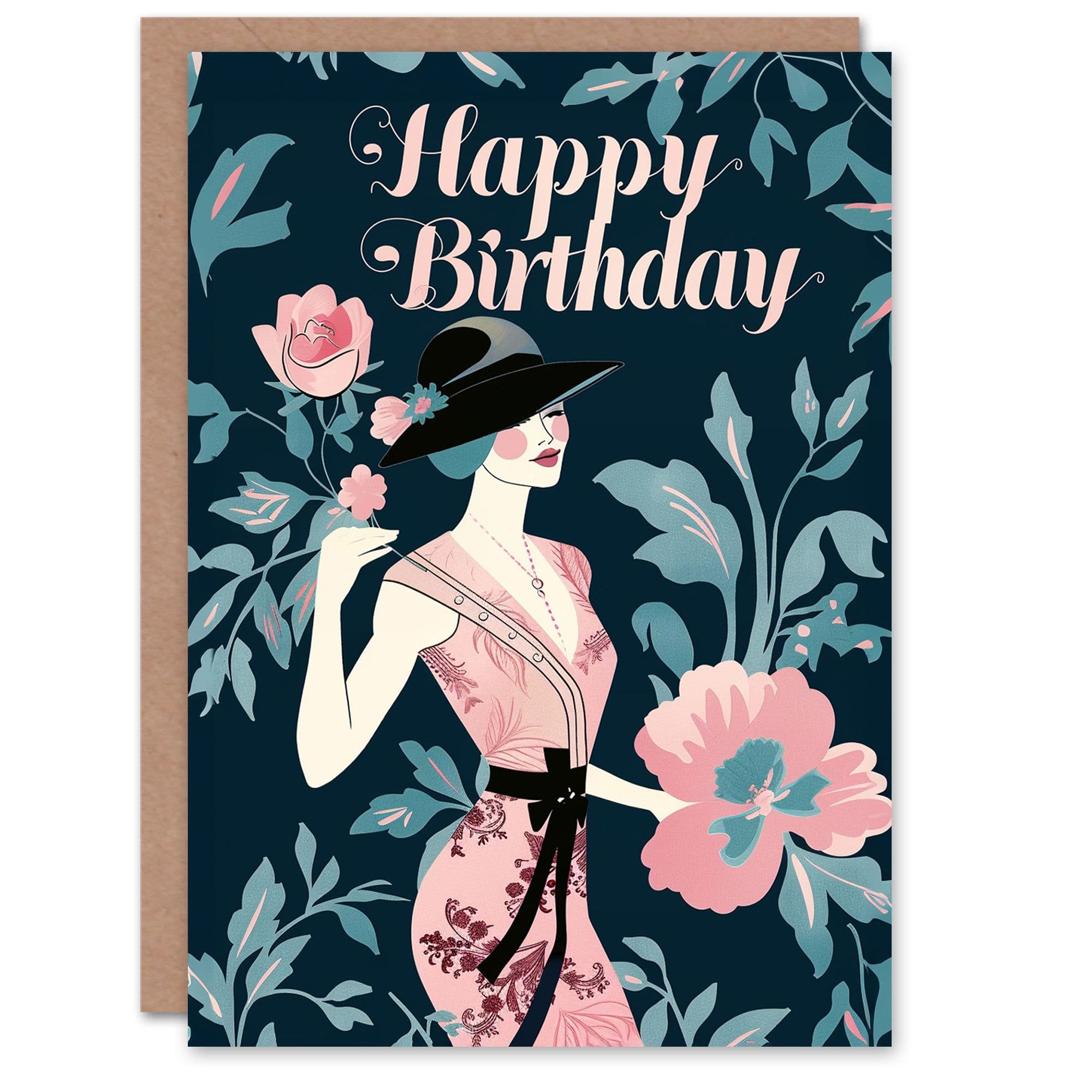 Birthday Card Elegant Fashion Lady Blue Pink Floral Design
