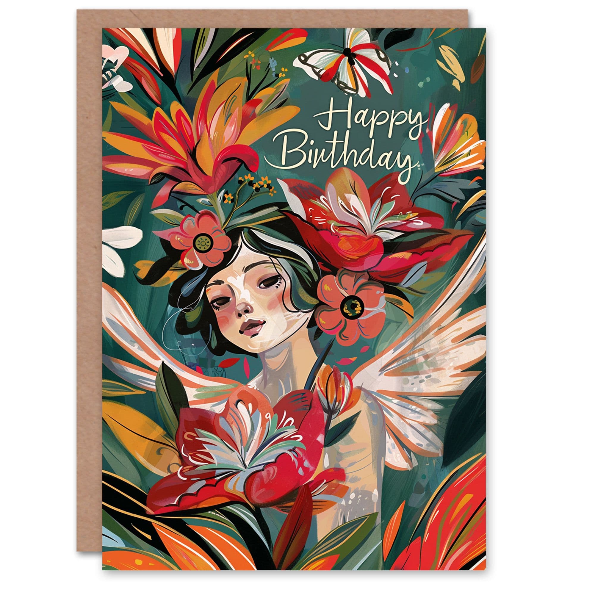 Birthday Card Tropical Flower Jungle Butterfly Fairy Painting