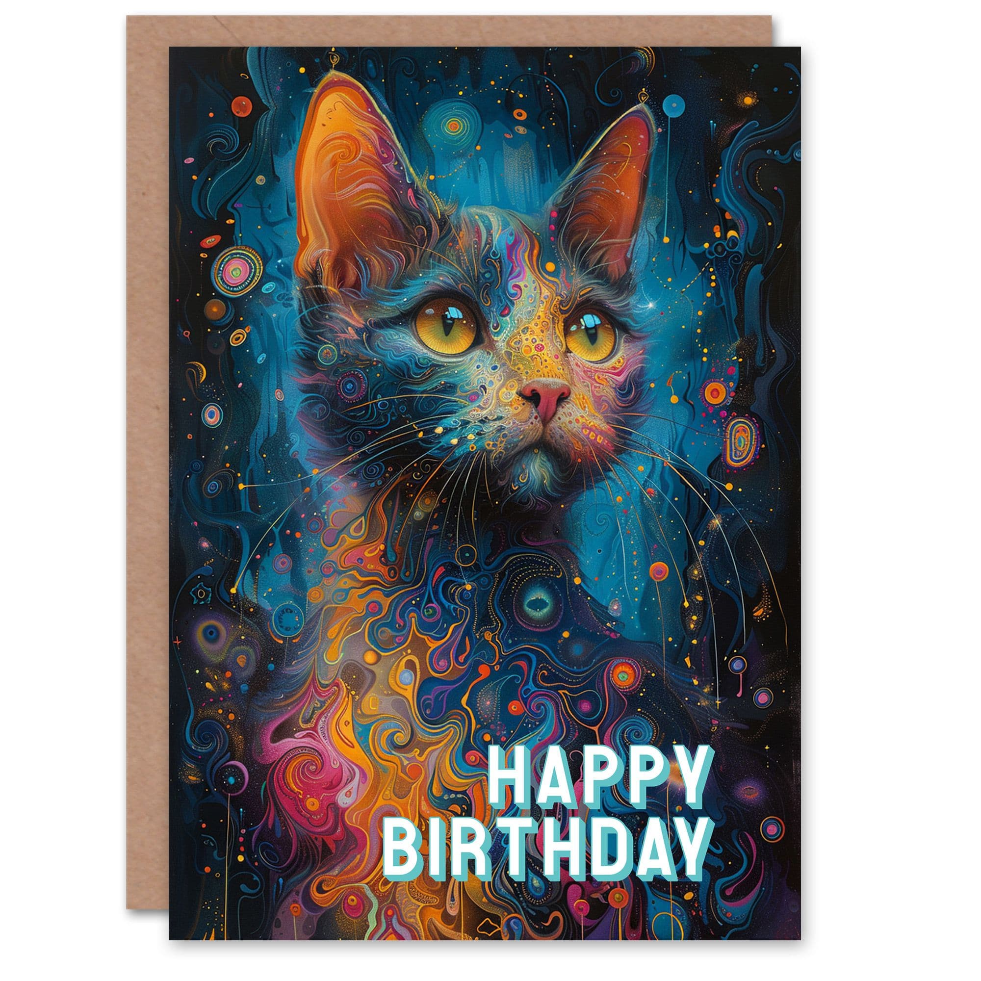 Birthday Card Cat Lover Galactic Kitty Psychedelic Concept Art