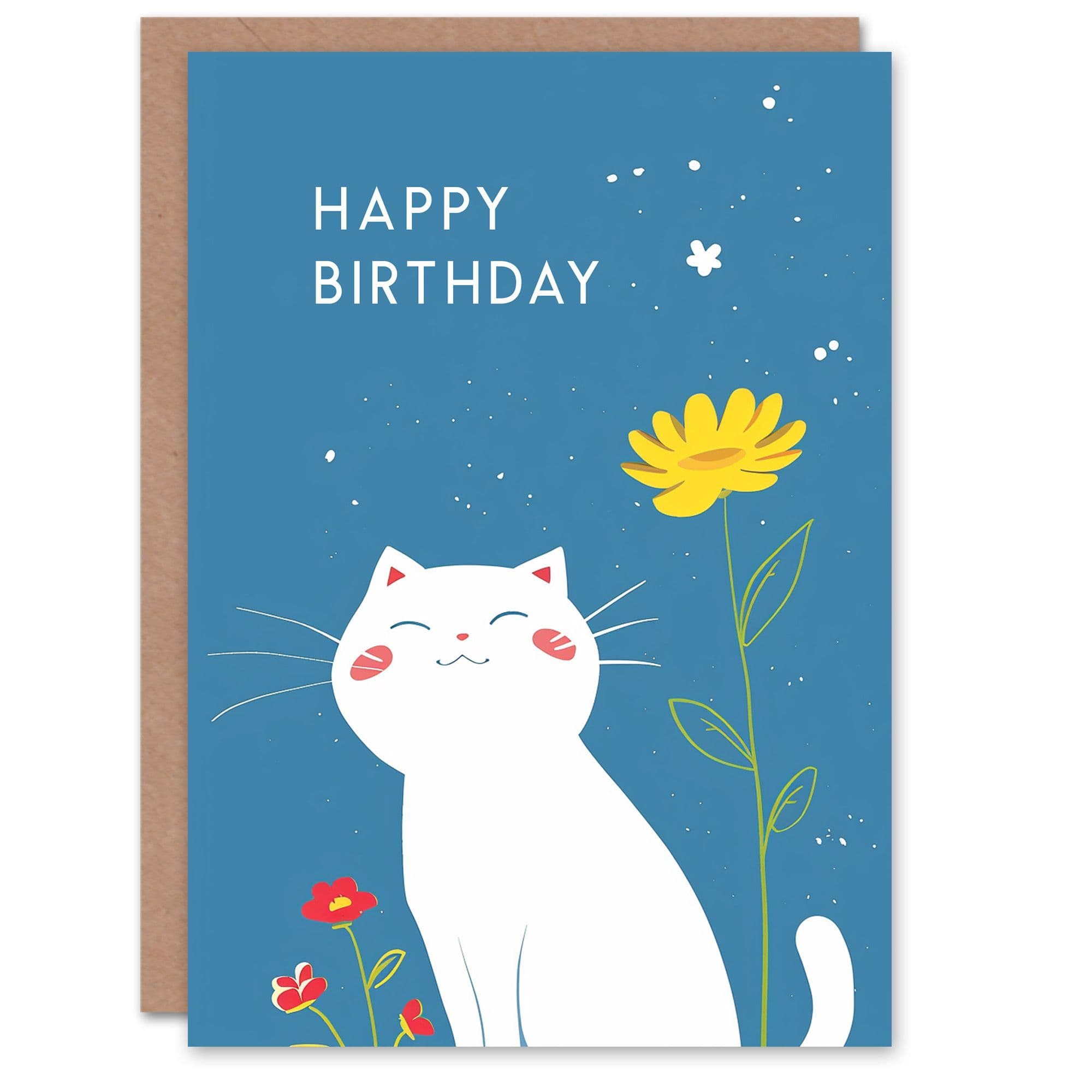 Birthday Card Cat Lover Cute Smiling Kawaii Kitty Floral