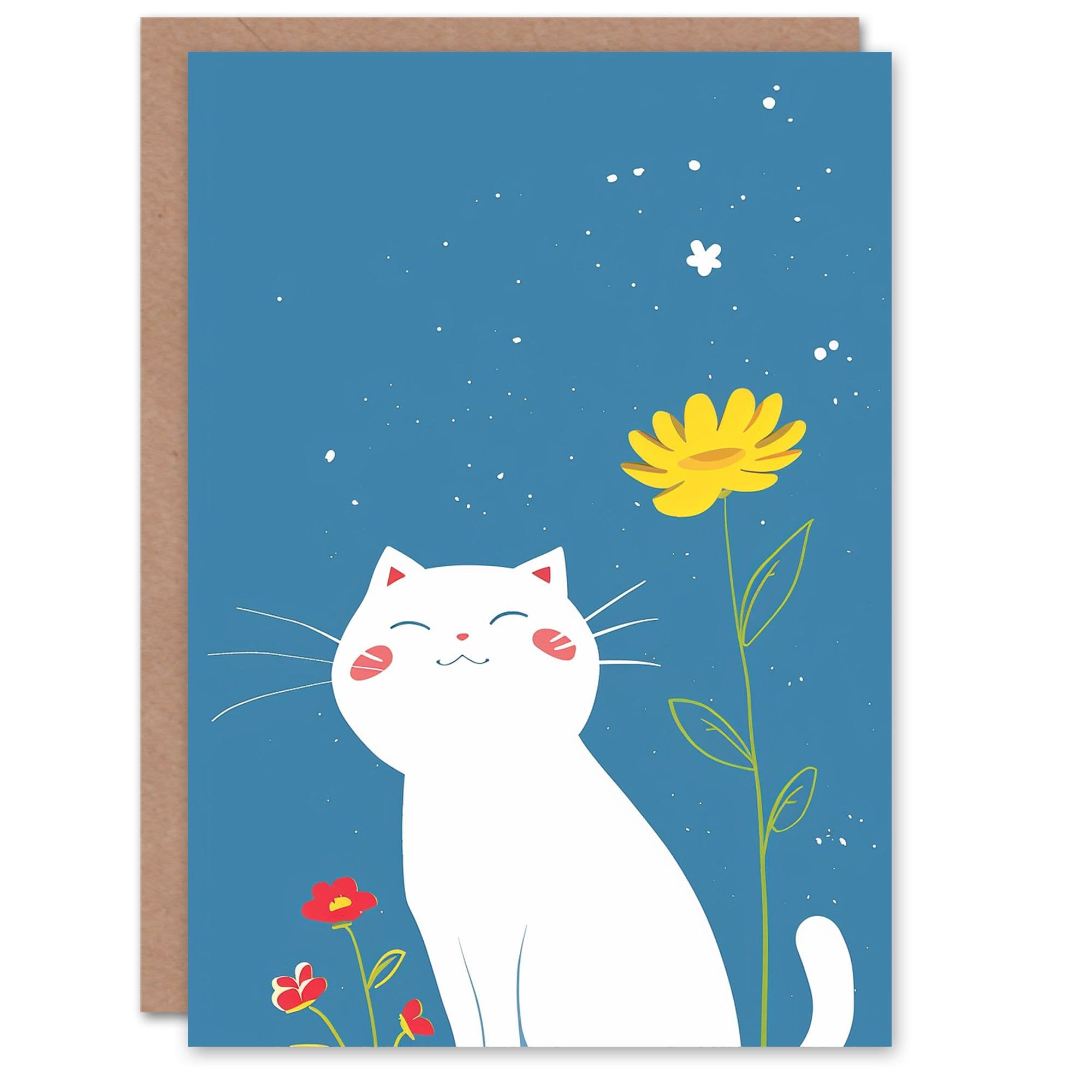 Birthday Card White Cat Lover Cute Smiling Kitty Floral Kawaii