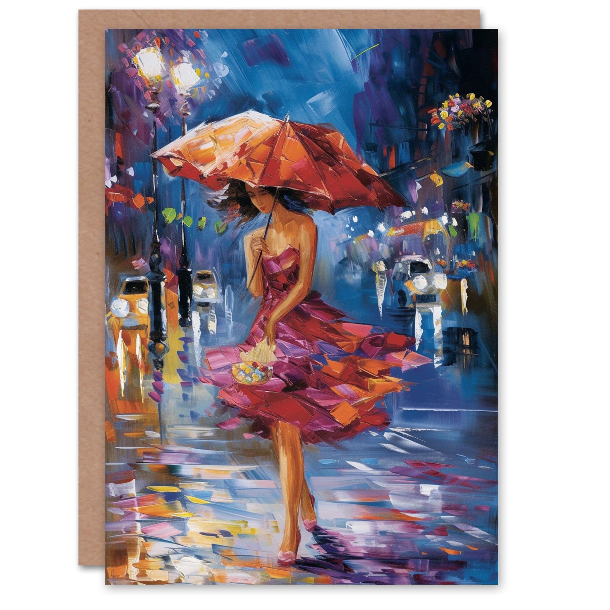 Birthday Card City Lady Night Out Rain Umbrella Oil Painting