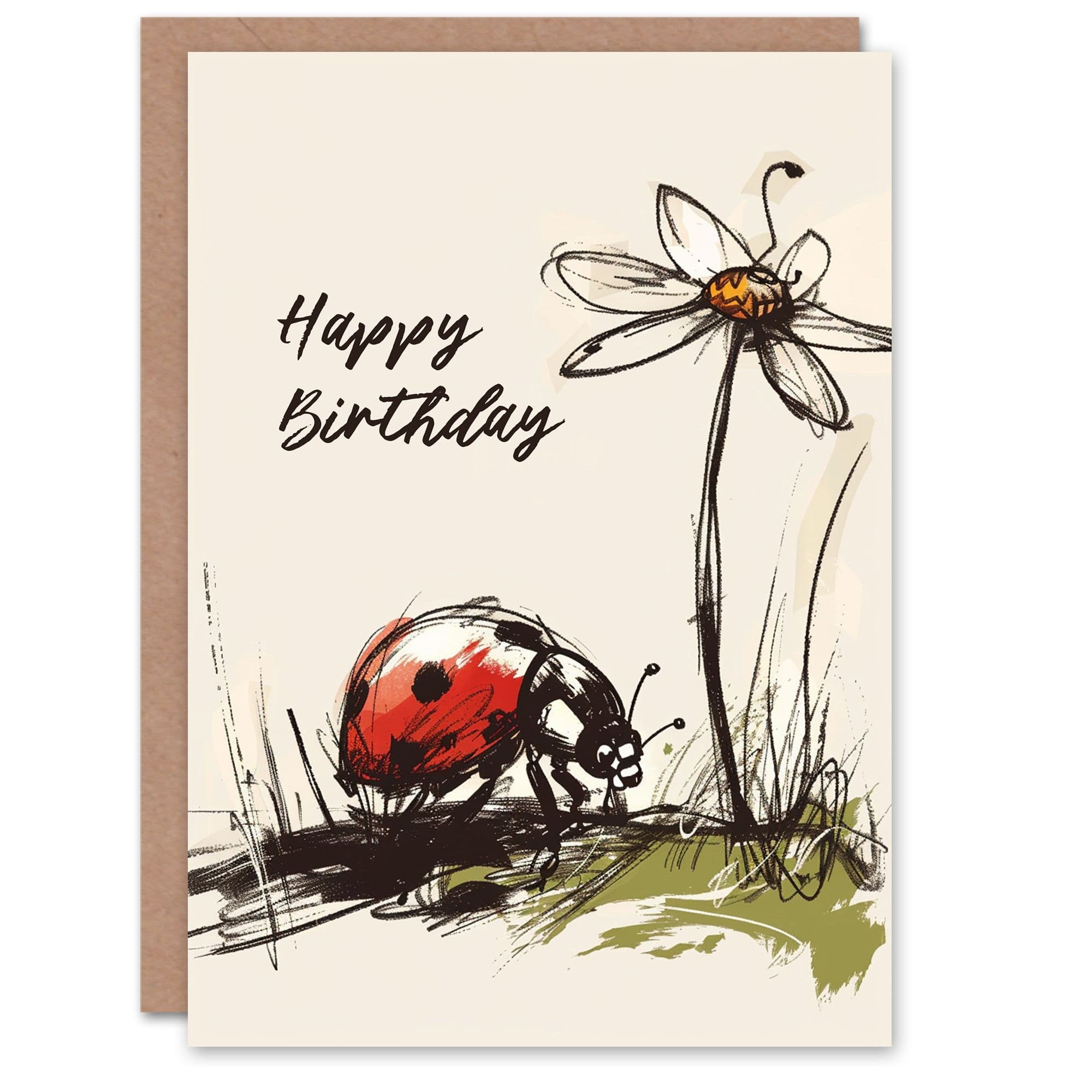 Birthday Card Ladybird Daisy Flower Nature Drawing Greeting Card