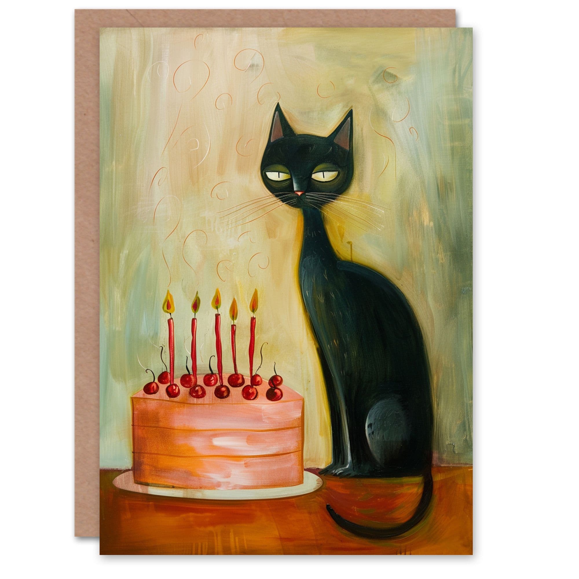 Birthday Card Cat Lover Cherry Cake Candles Oil Painting Greeting Card
