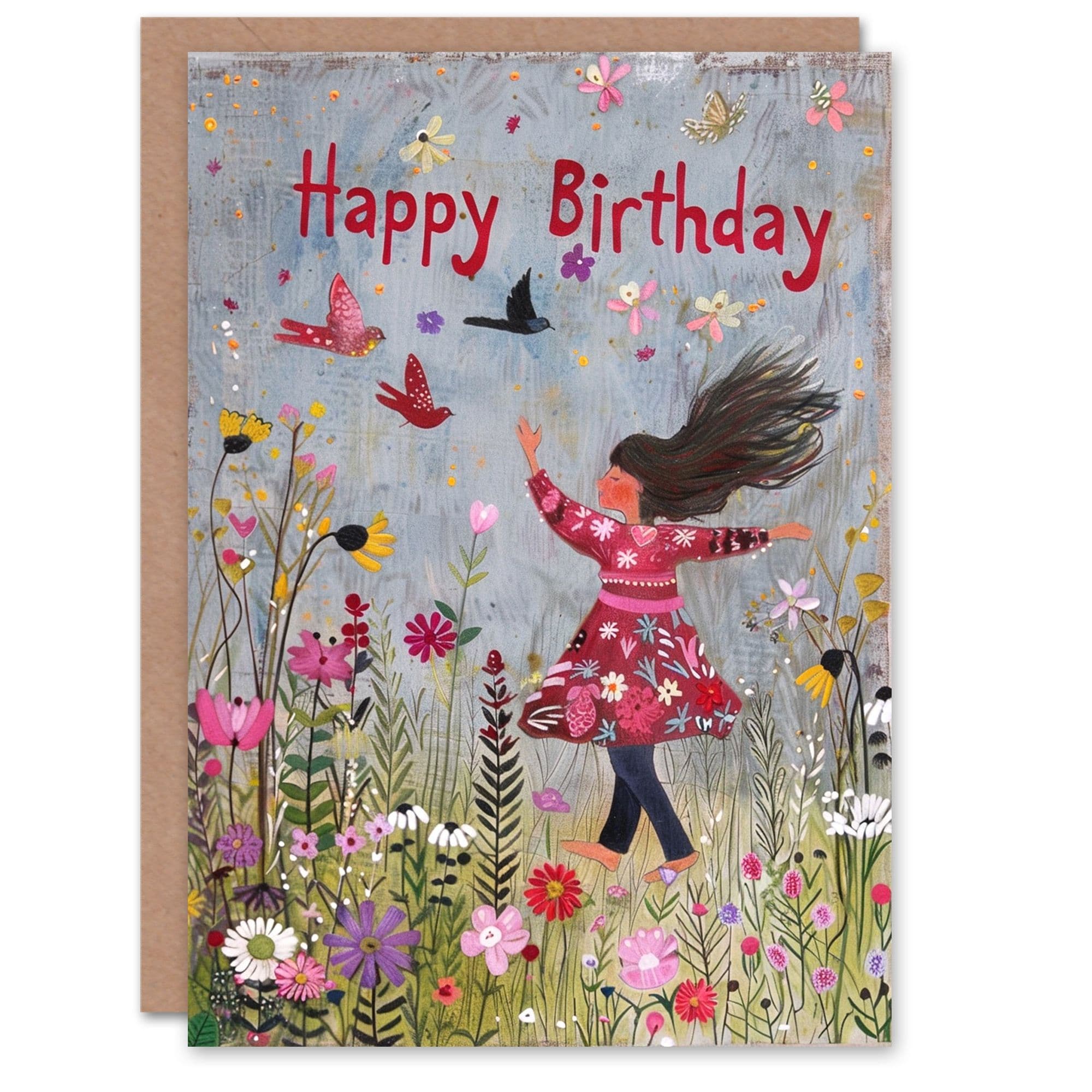 Birthday Card Happy Child Dancing in Spring Flower Meadow