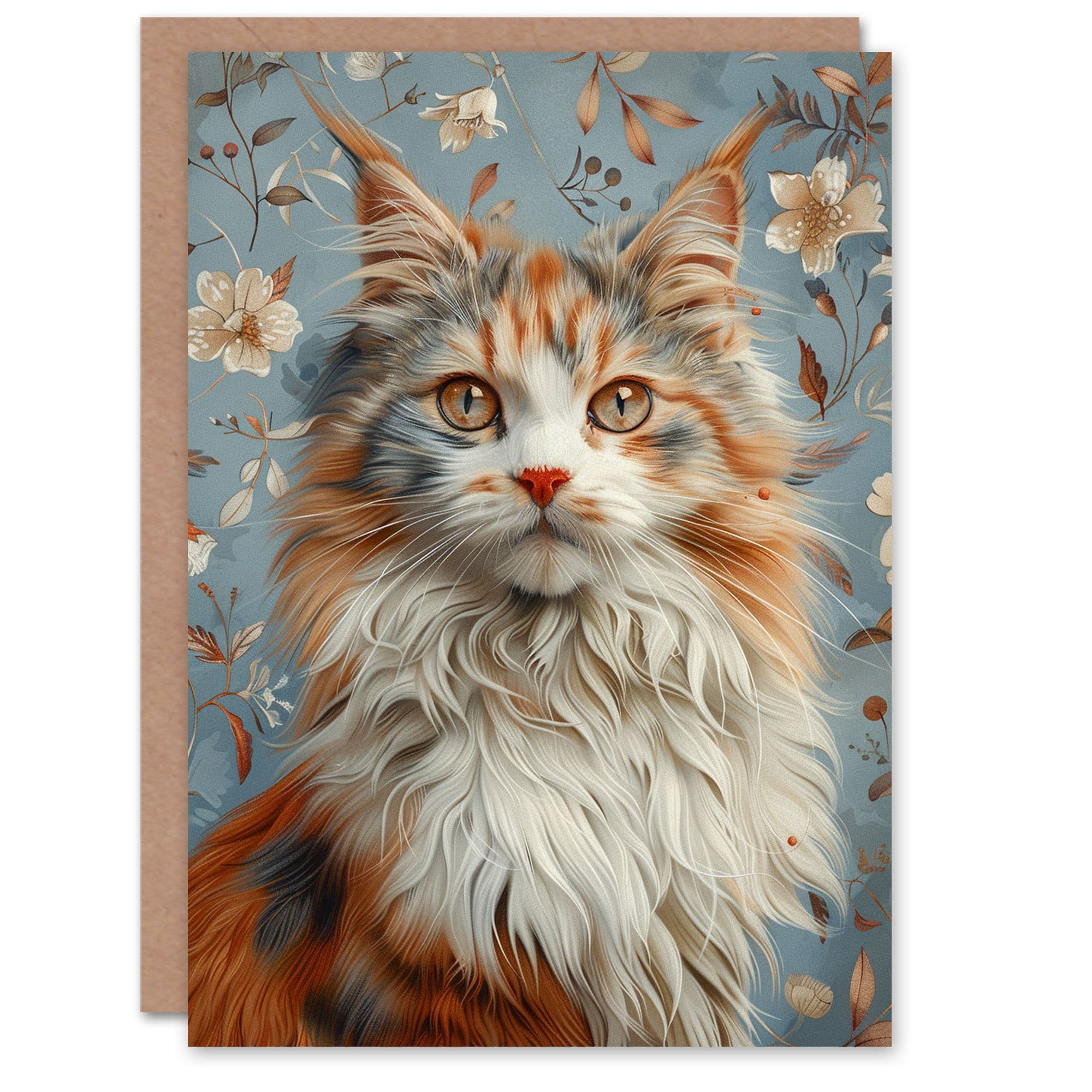 Birthday Card Fluffy Maine Coon Cat Lover Retro Floral Pattern