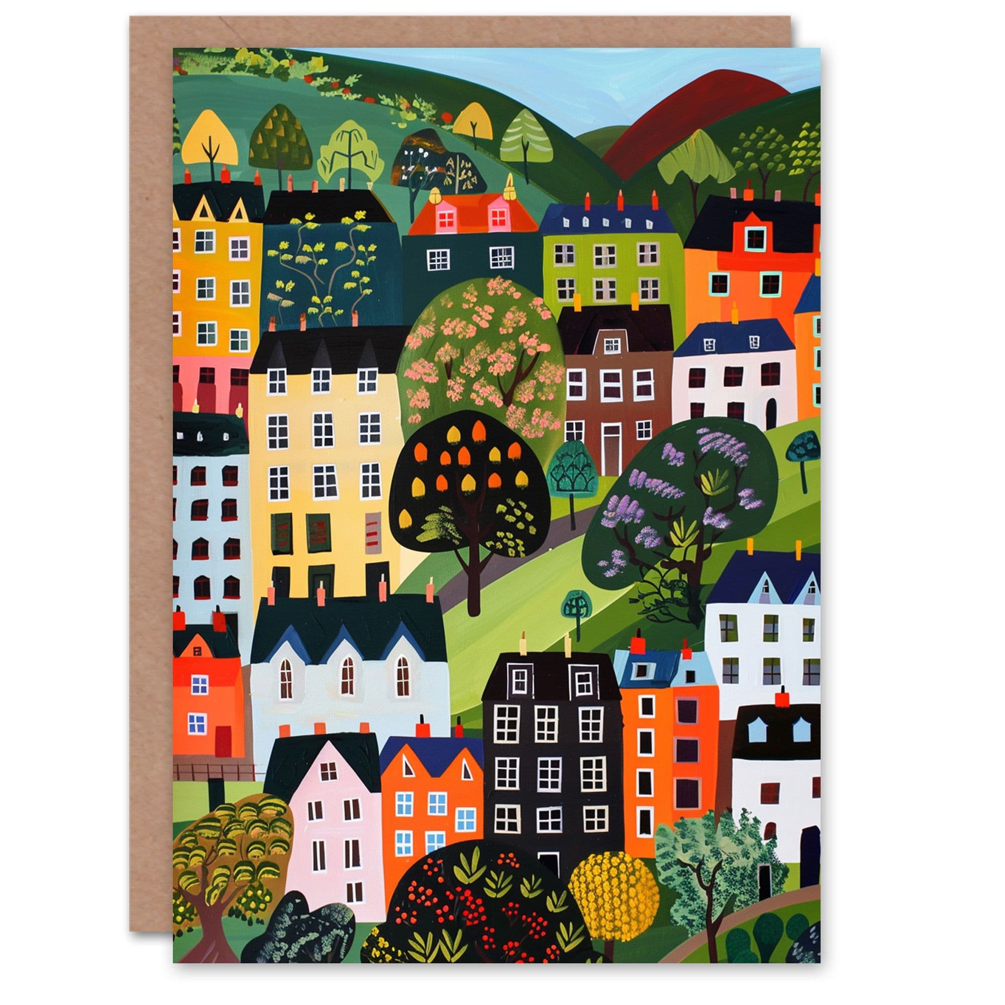 Birthday Card Colourful Country Village Folk Art Painting