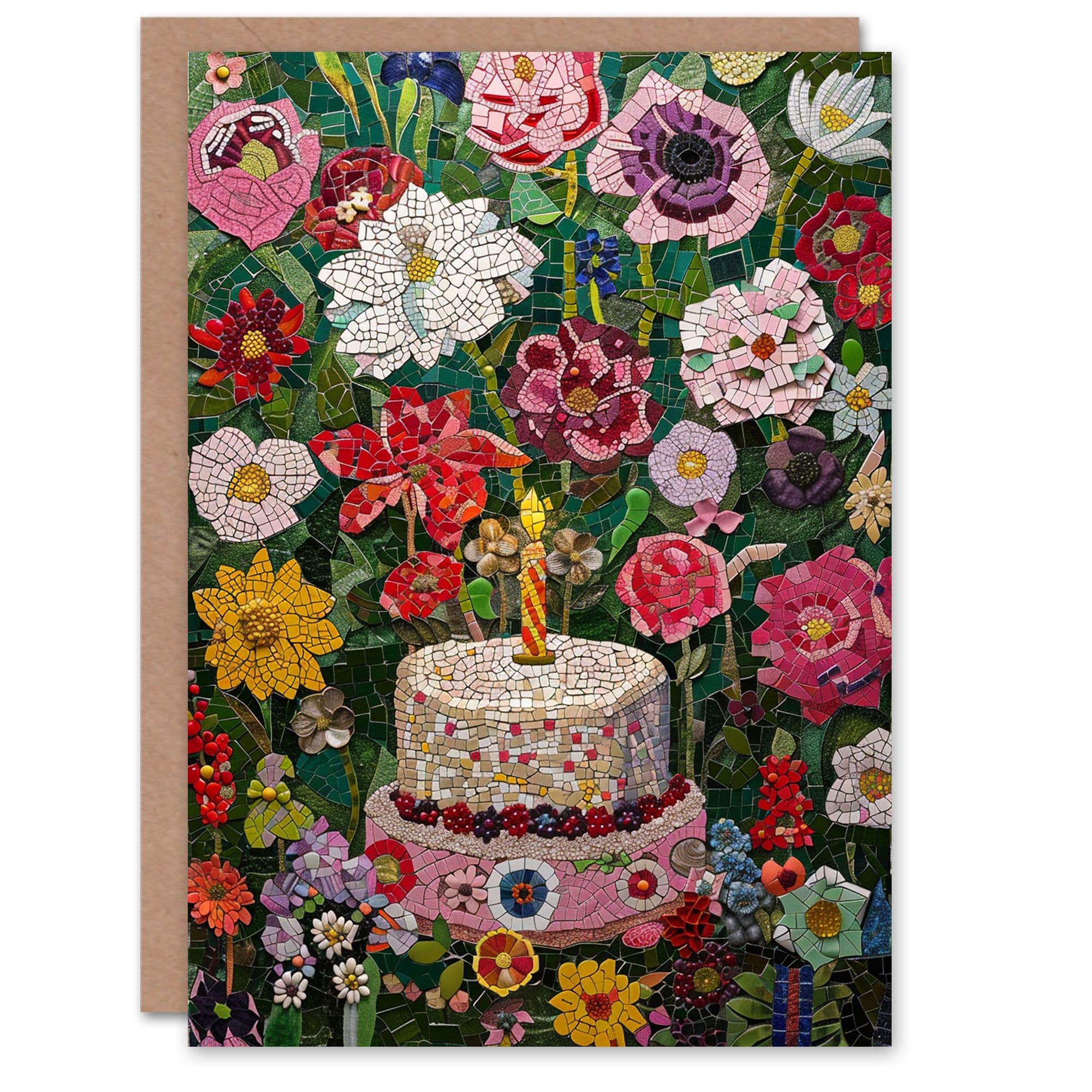 Birthday Card Cake Flower Meadow Colourful Mosaic Greeting Card