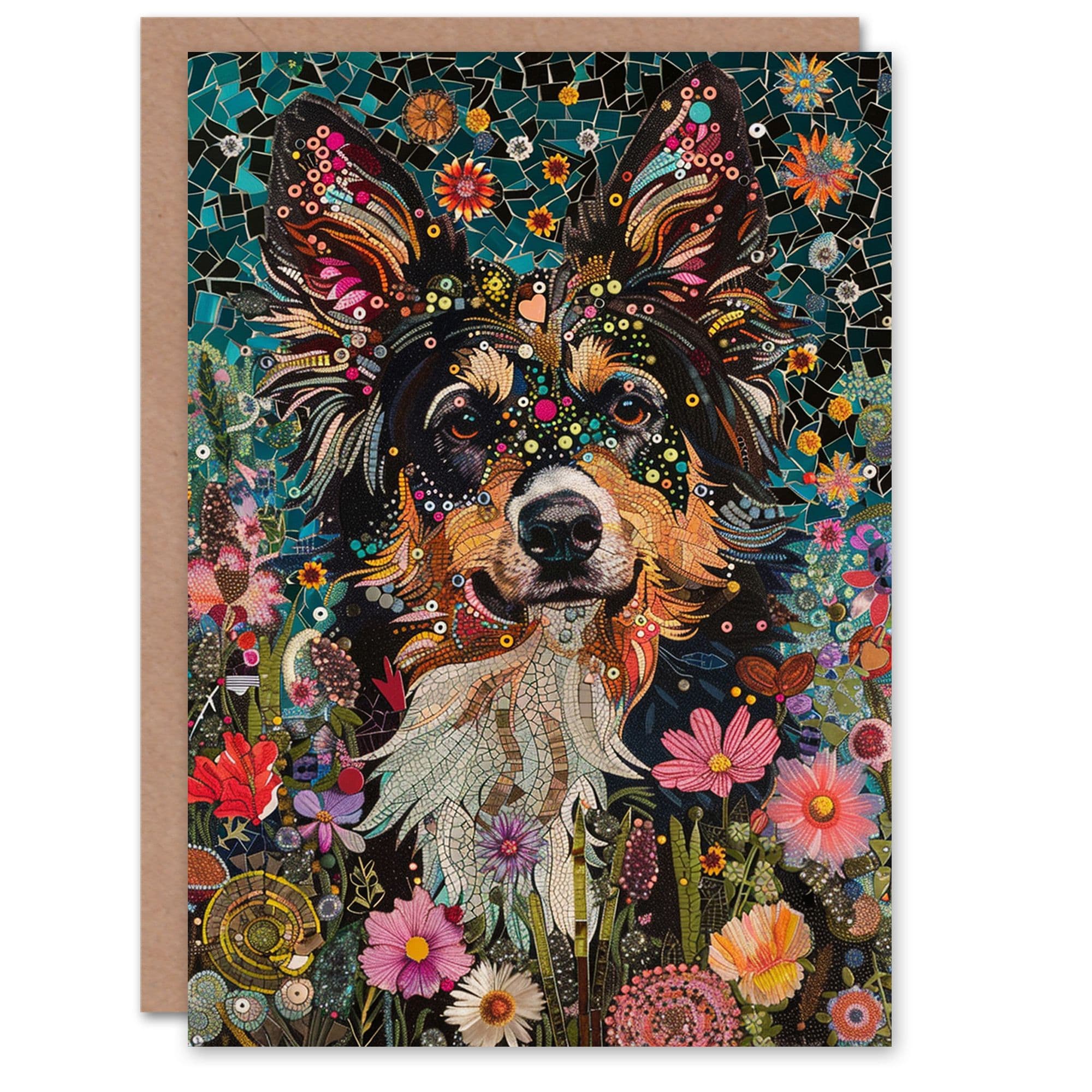Birthday Card Cute Collie Dog Lover Floral Portrait Mosaic