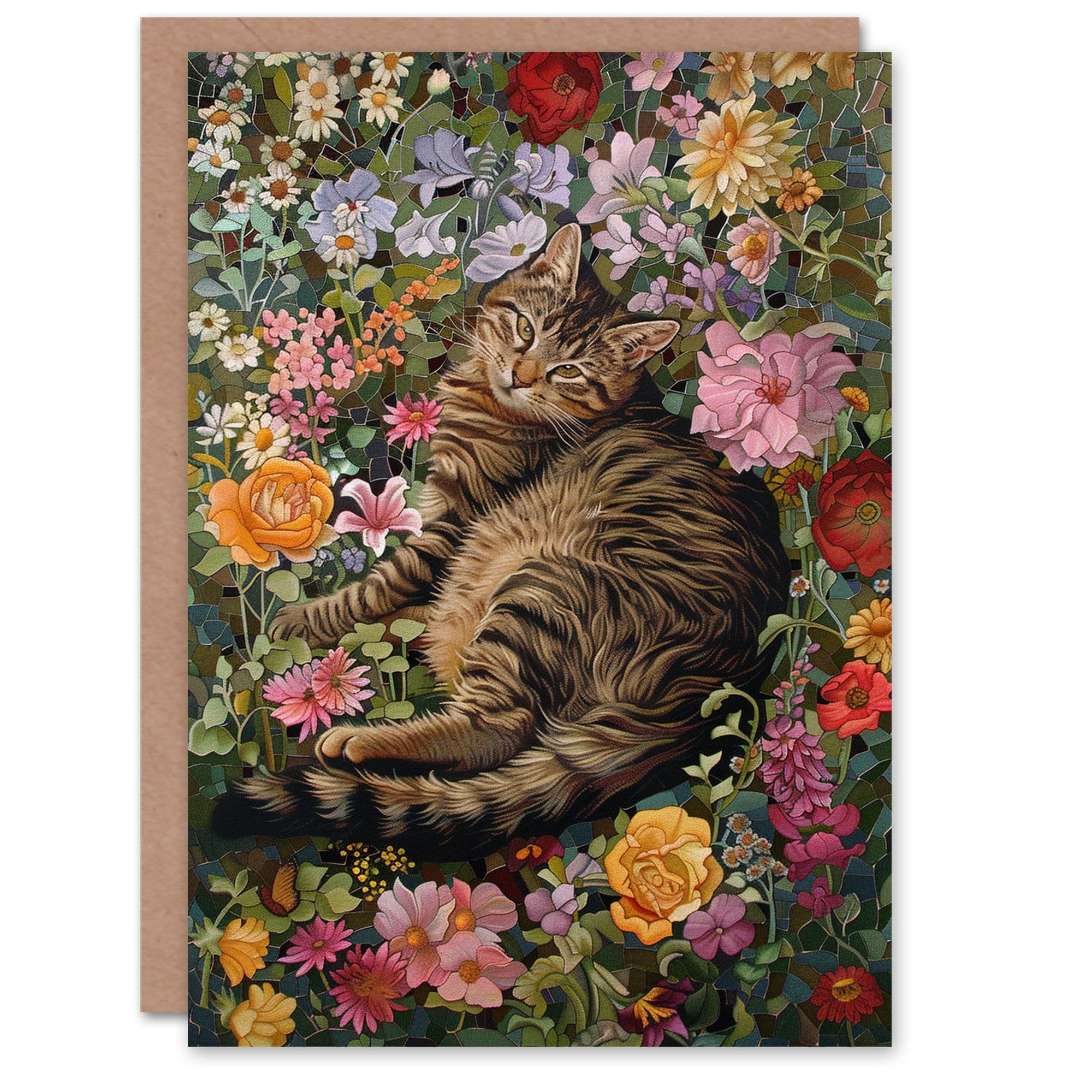Birthday Card Grey Tabby Laying in Flower Meadow Cat Lover