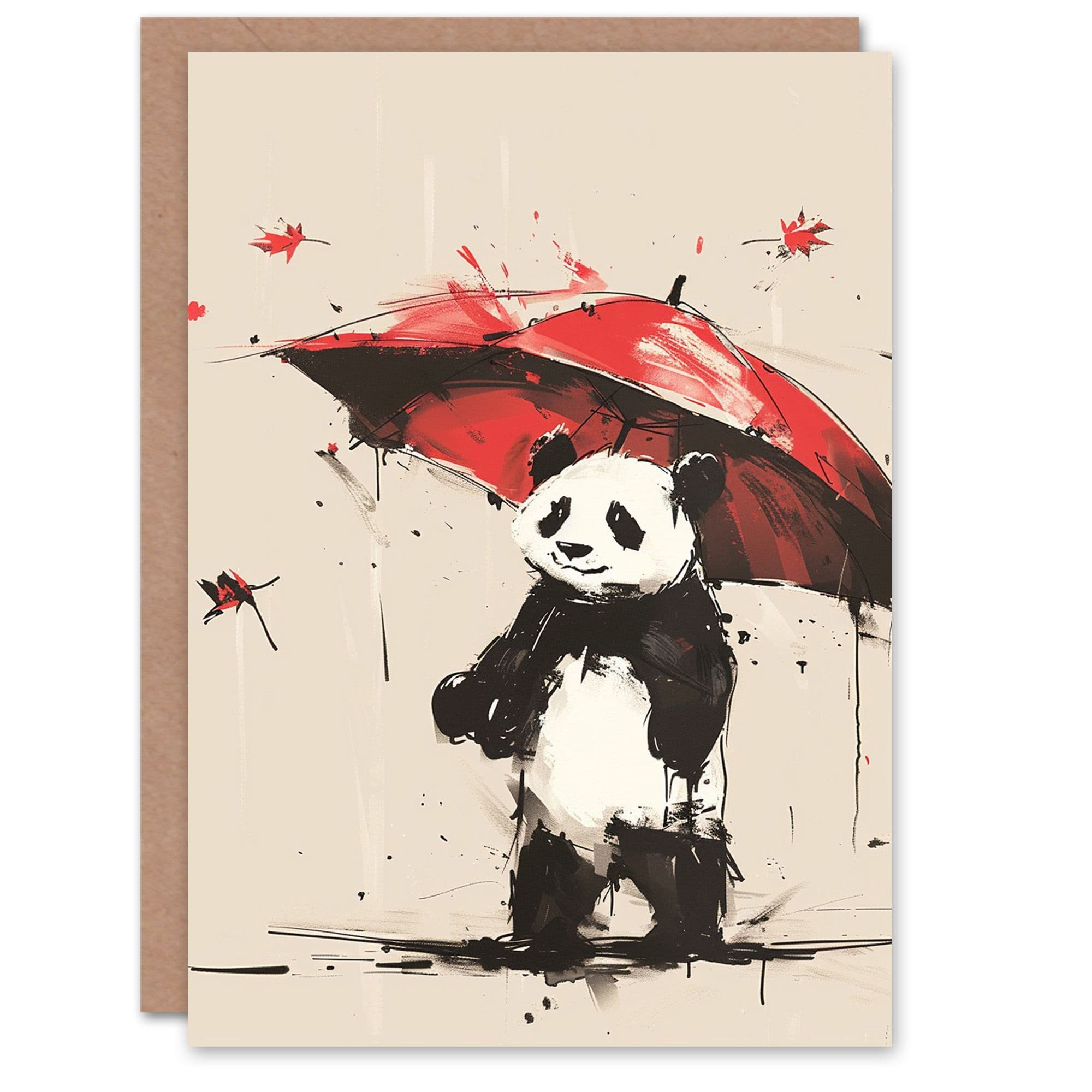 Birthday Card Cute Panda Umbrella Autumn Weather