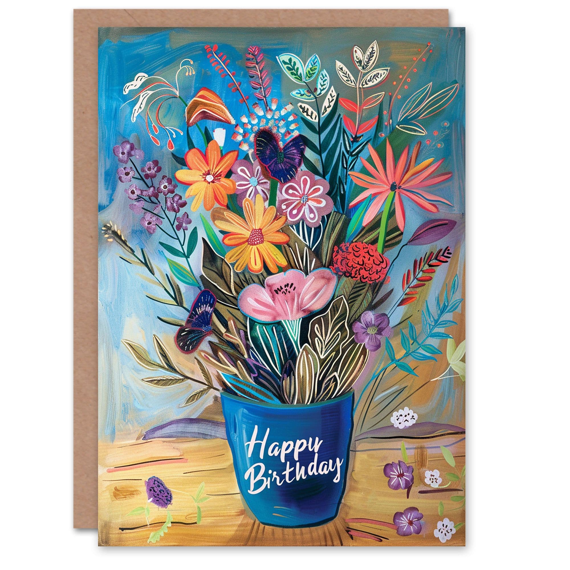 Birthday Card Colourful Flower Bouquet in Blue Vase Painting