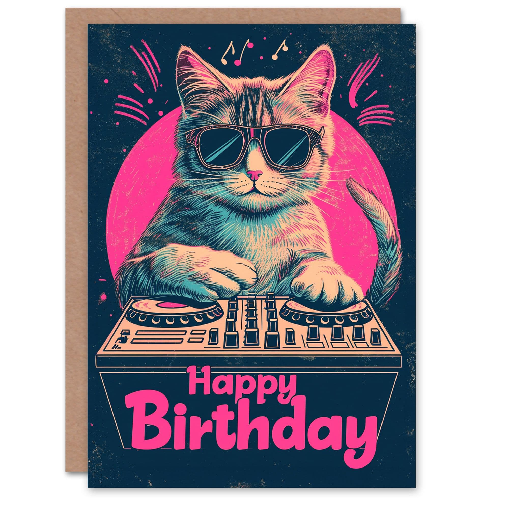 Birthday Card Cat Lover DJ Decks Kitty Pink Blue Design Greeting Card