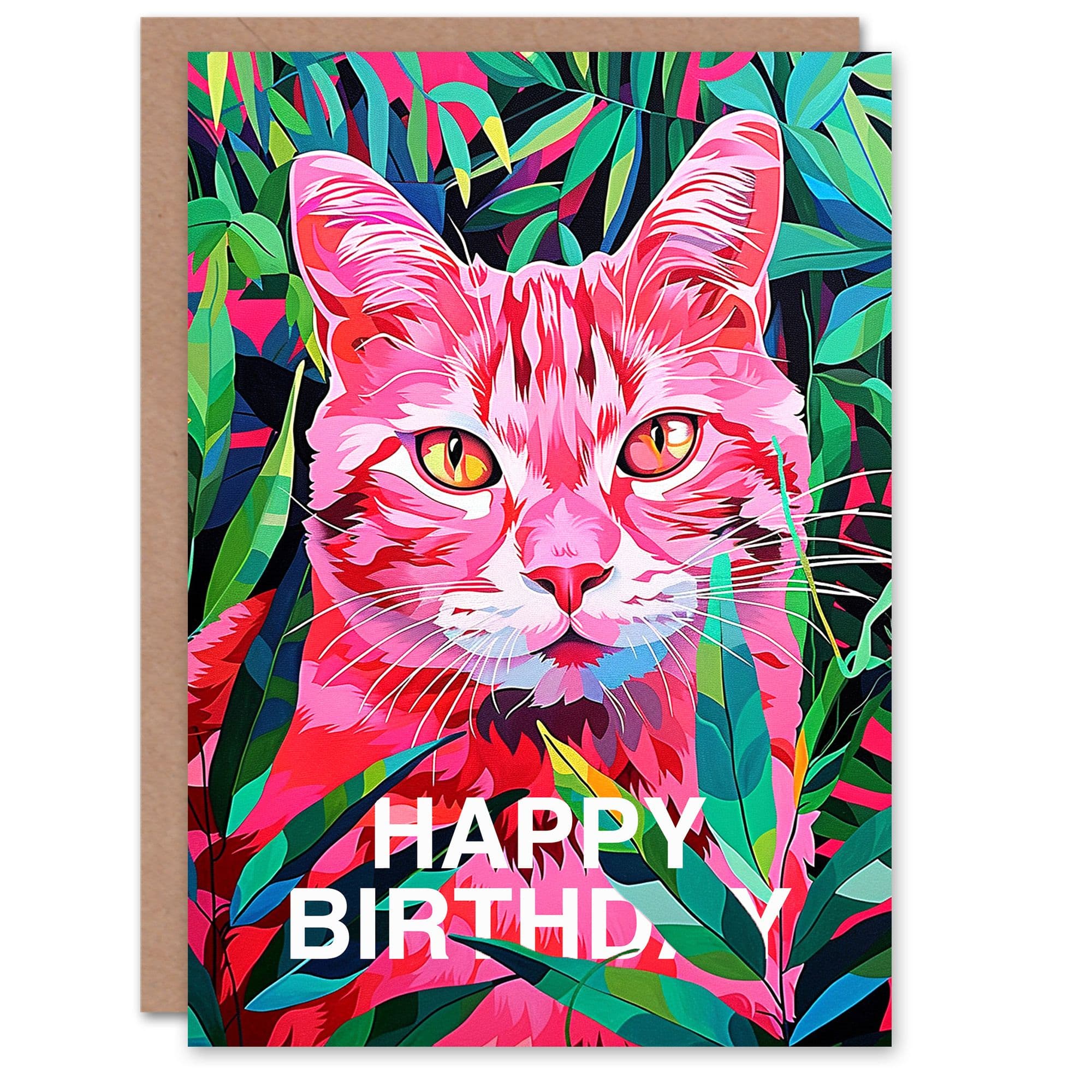 Birthday Card Neon Pink Jungle Cat Lover Nature Design Greeting Card