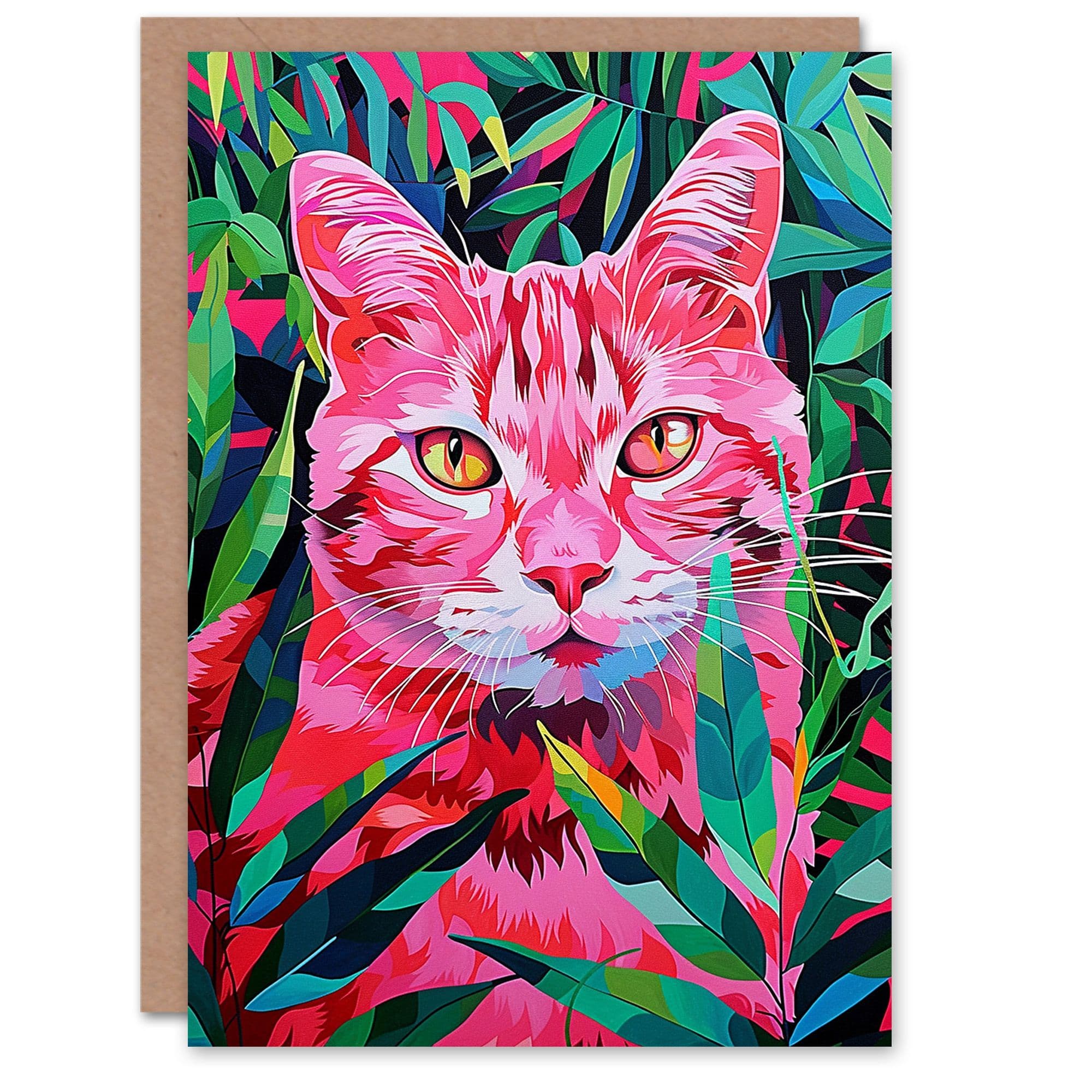 Birthday Card Neon Pink Cat Lover Jungle Nature Design Greeting Card