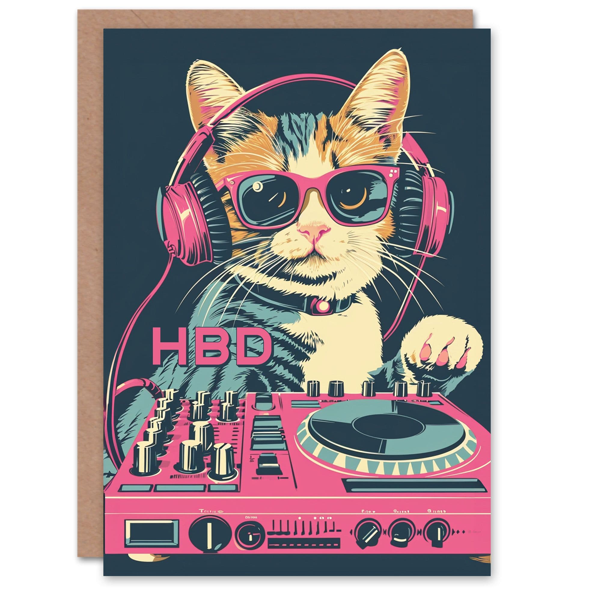 Birthday Card Cat Lover DJ Decks Kitty Pink Blue HBD Design