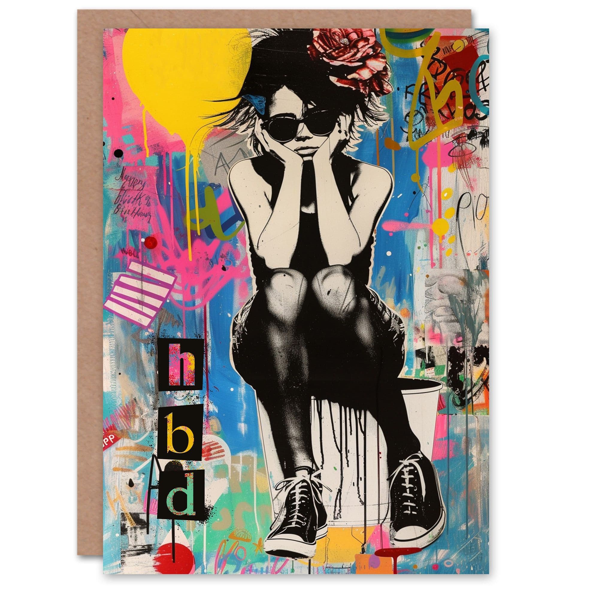 Birthday Card HBD Grumpy Punk Girl Bright Colourful Graffiti