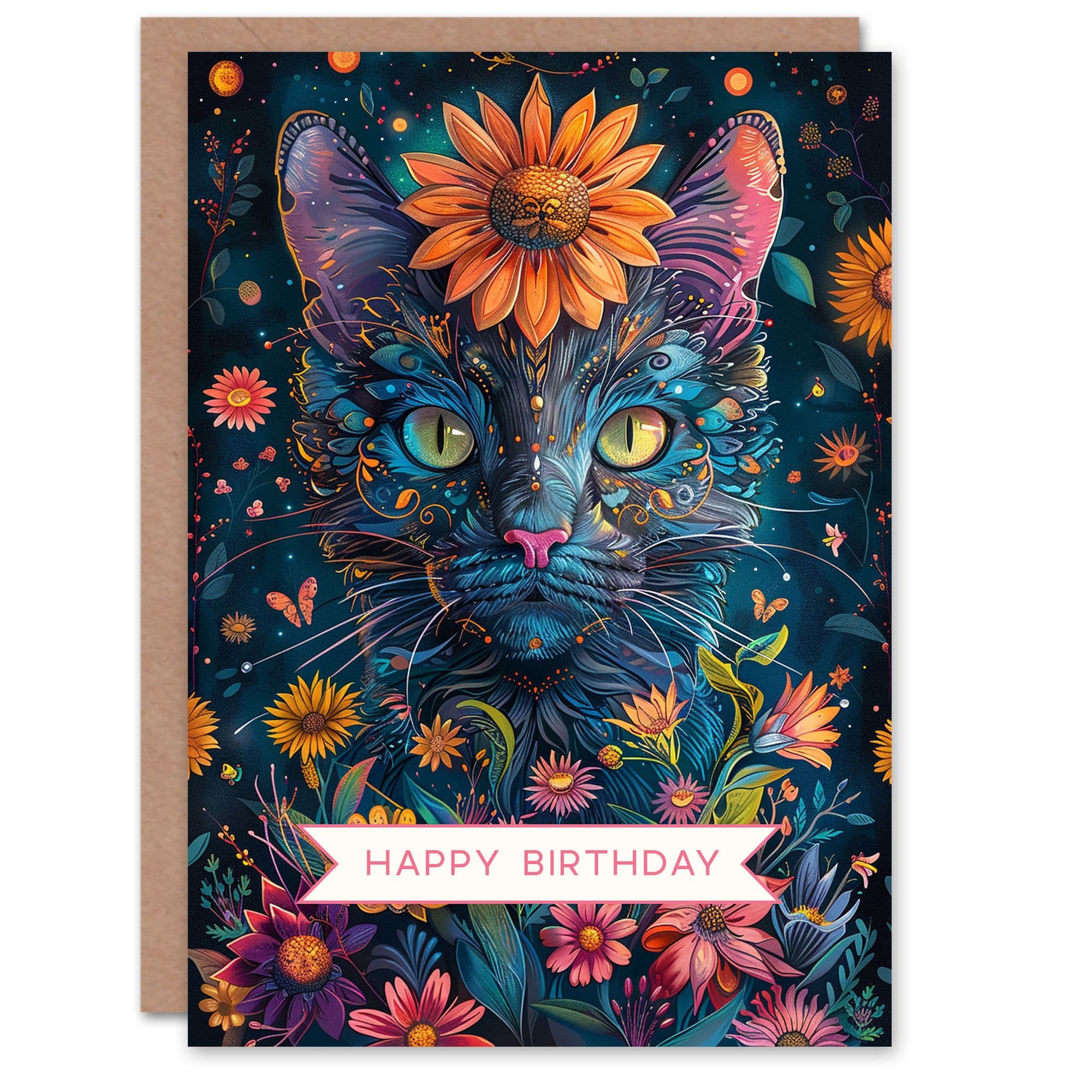 Birthday Card Cat Lover Garden Queen Floral Design Greeting Card