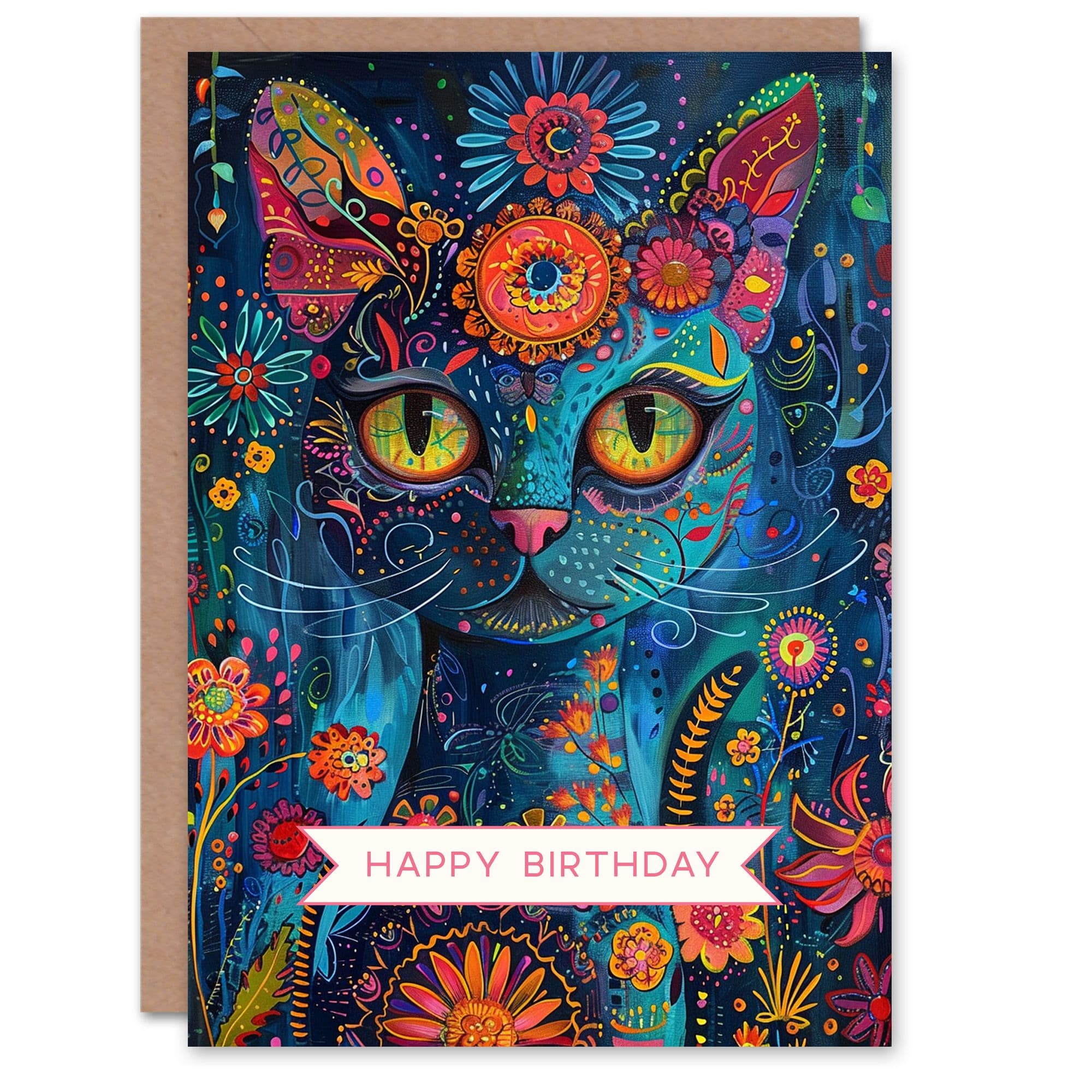 Birthday Card Spirit Guide Cat Lover Floral Folk Art Greeting Card