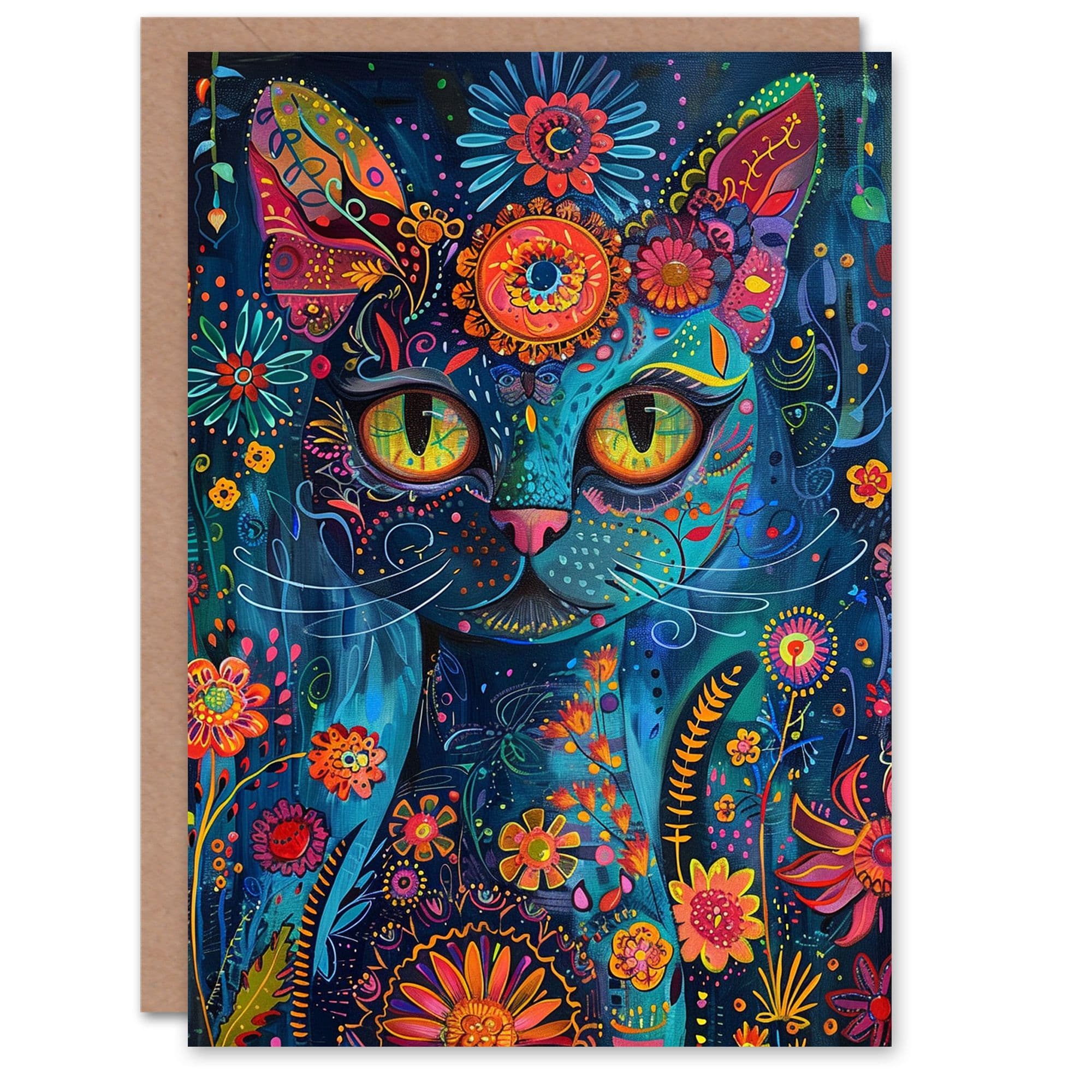 Birthday Card Cat Lover Floral Folk Art Spirit Guide Greeting Card