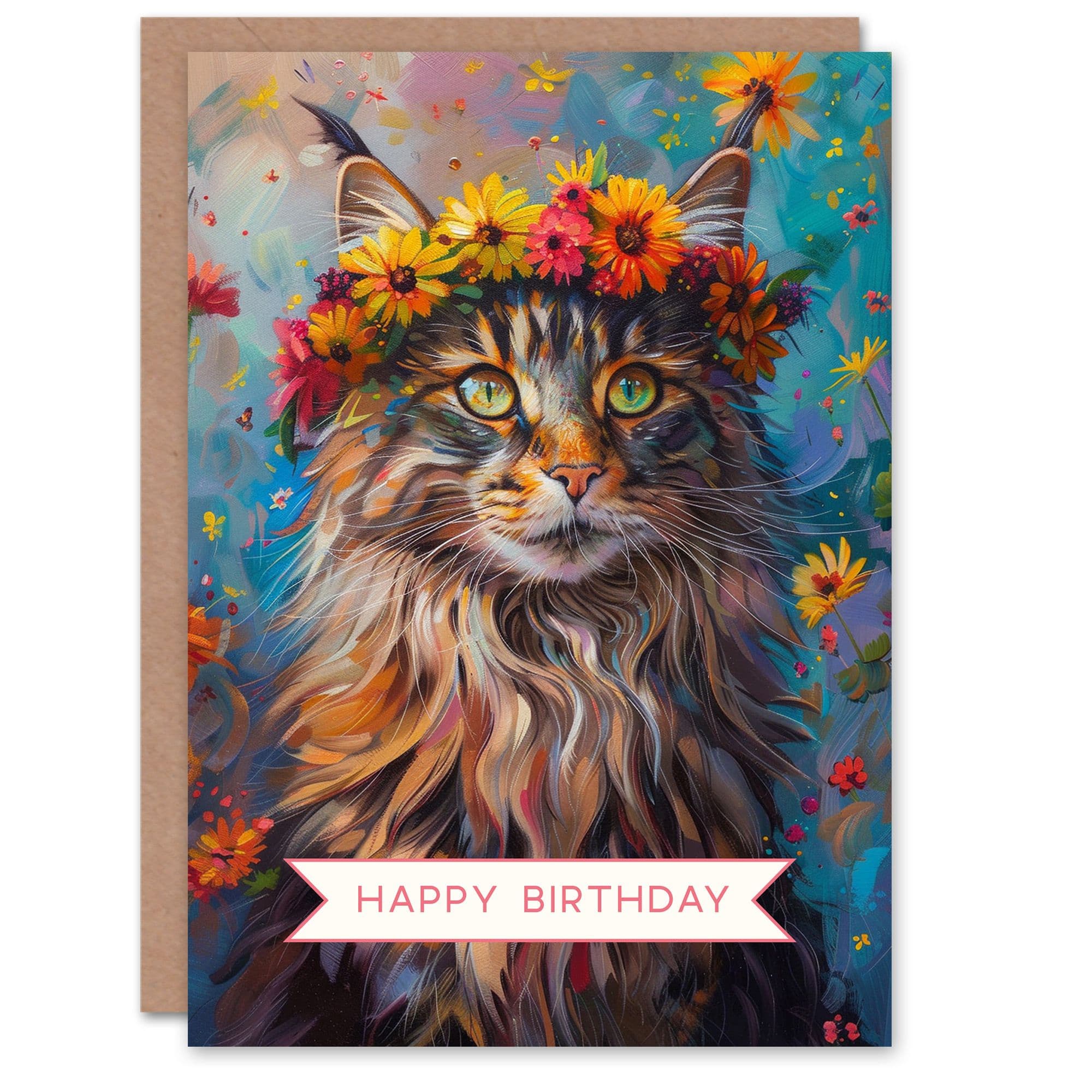 Birthday Card Maine Coon Cat Lover Flower Crown Greeting Card