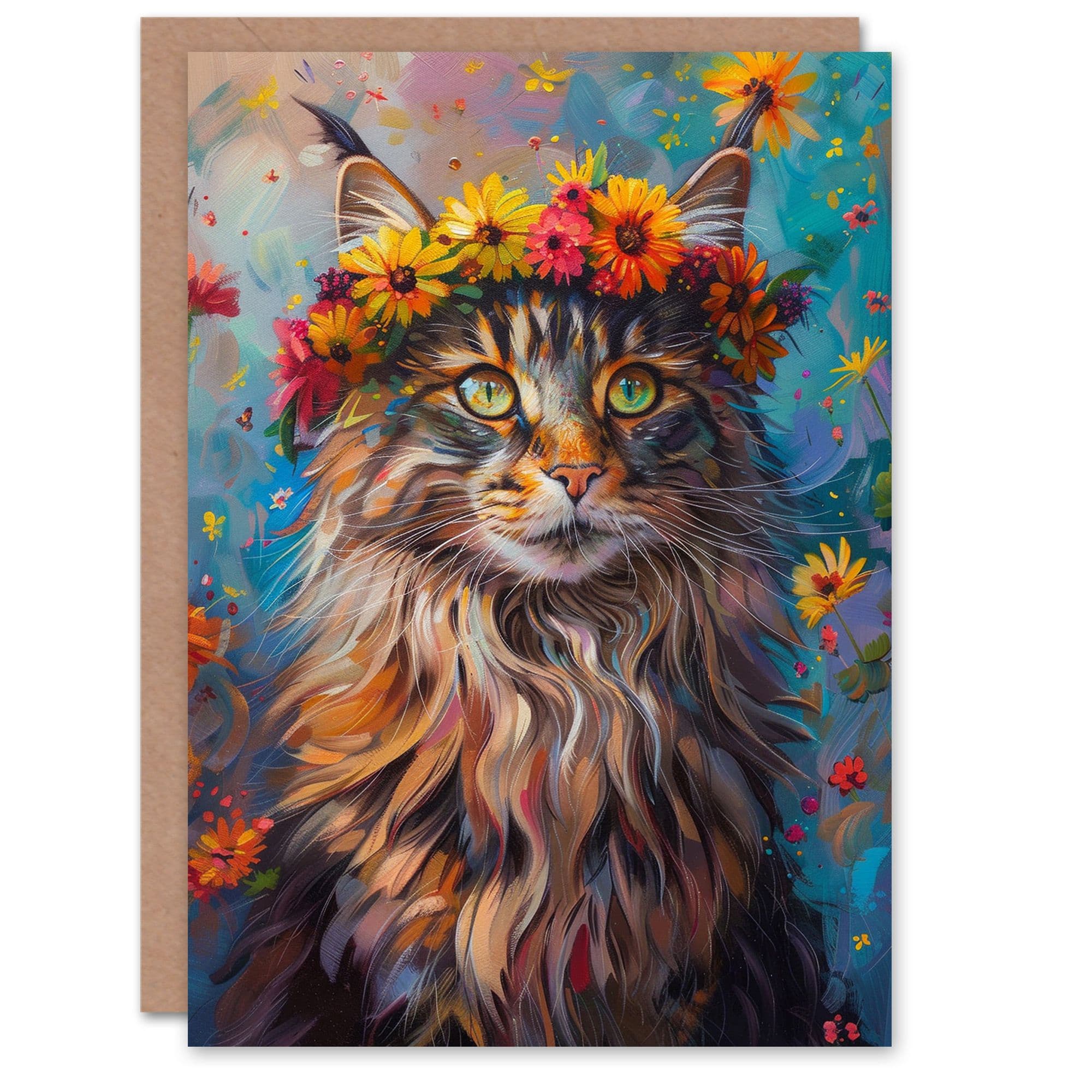 Birthday Card Cat Lover Maine Coon Flower Crown Greeting Card