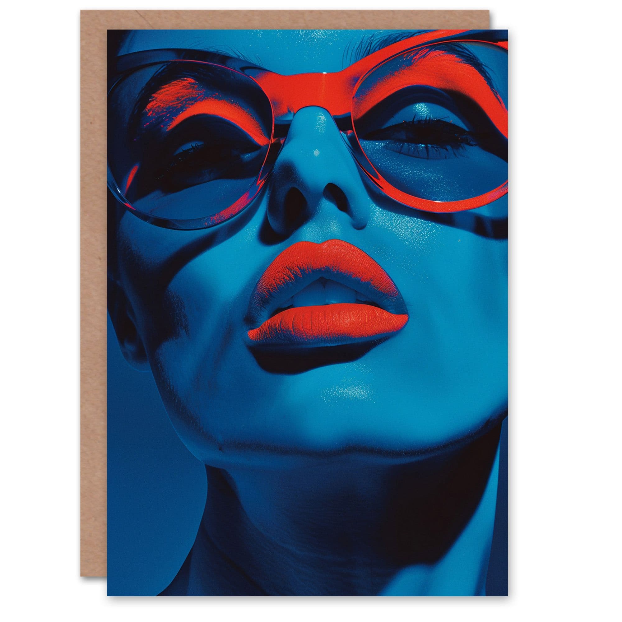 Birthday Card Red Lipstick and Glasses Blue Lady Portrait