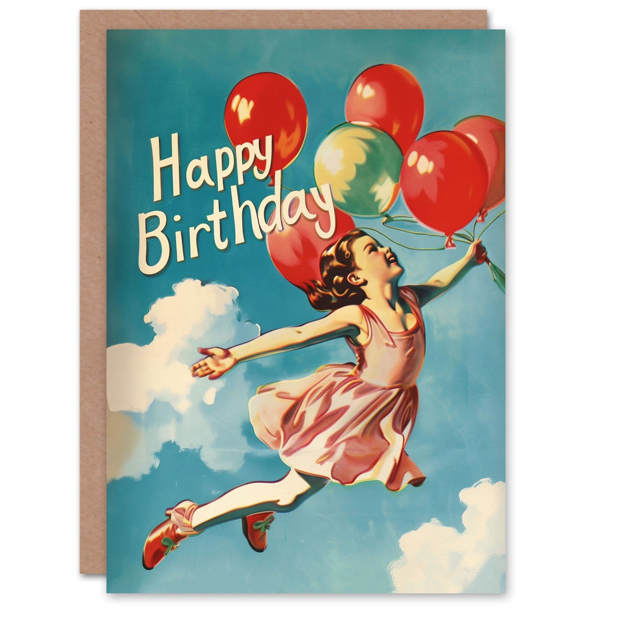 Birthday Card Happy Flying Balloon Retro Painting Greeting Card