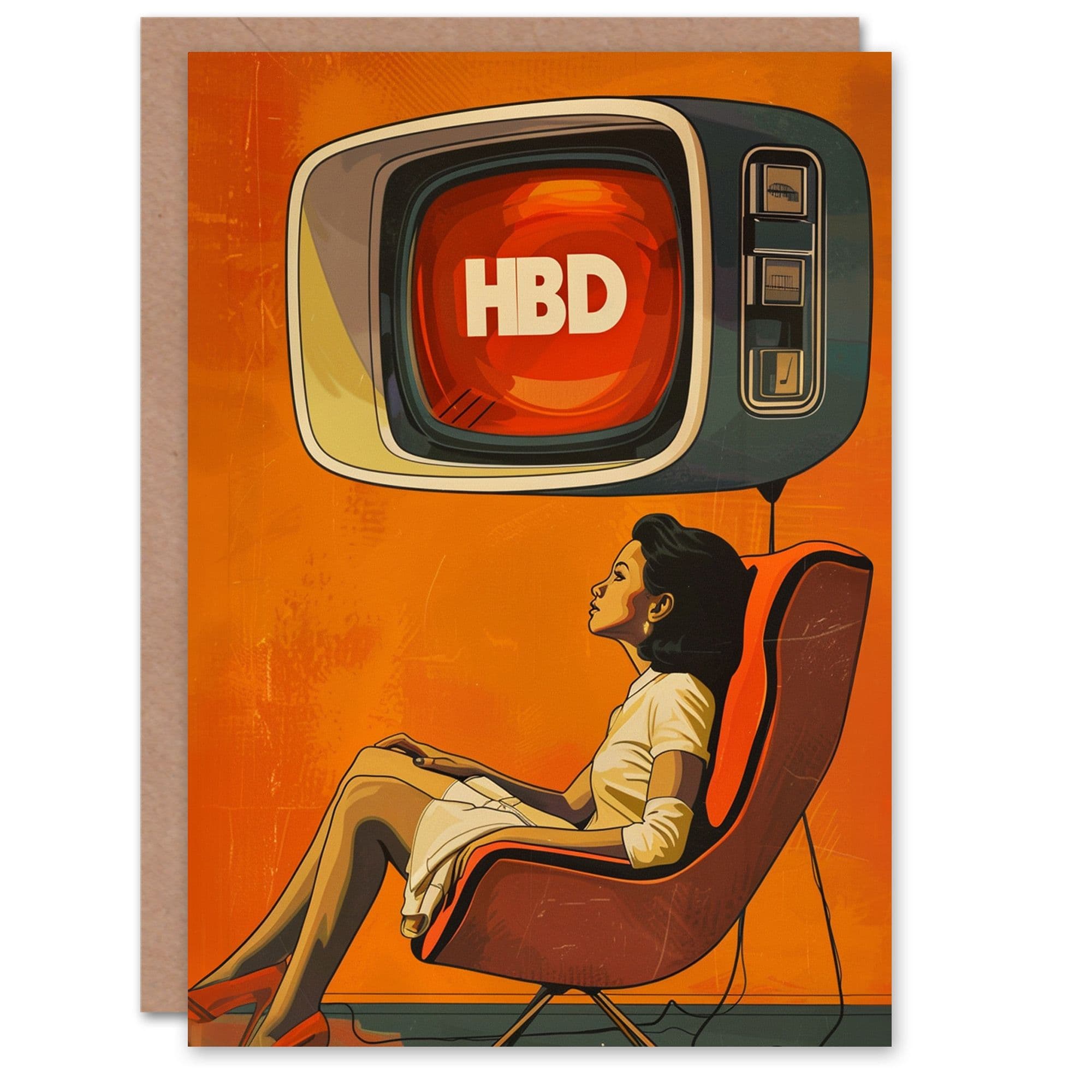 Birthday Card Retro Future TV Living Room HBD Greeting Card