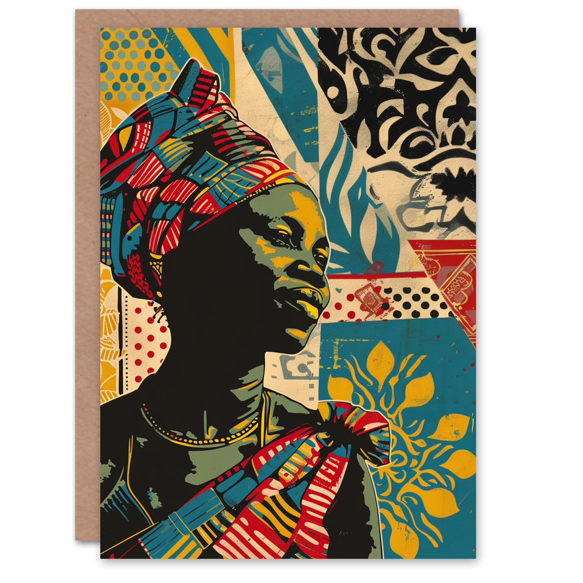 Birthday Card African Woman Bold Pattern Collage Portrait