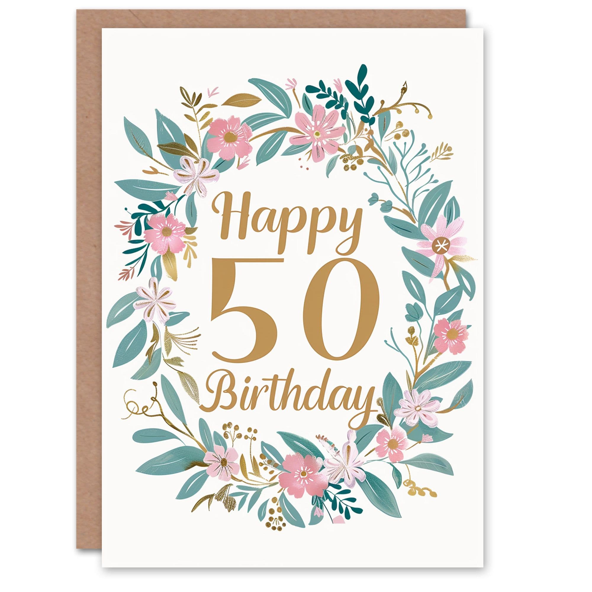 Birthday Card Bright Vintage Floral Watercolour Design 50th Age 50