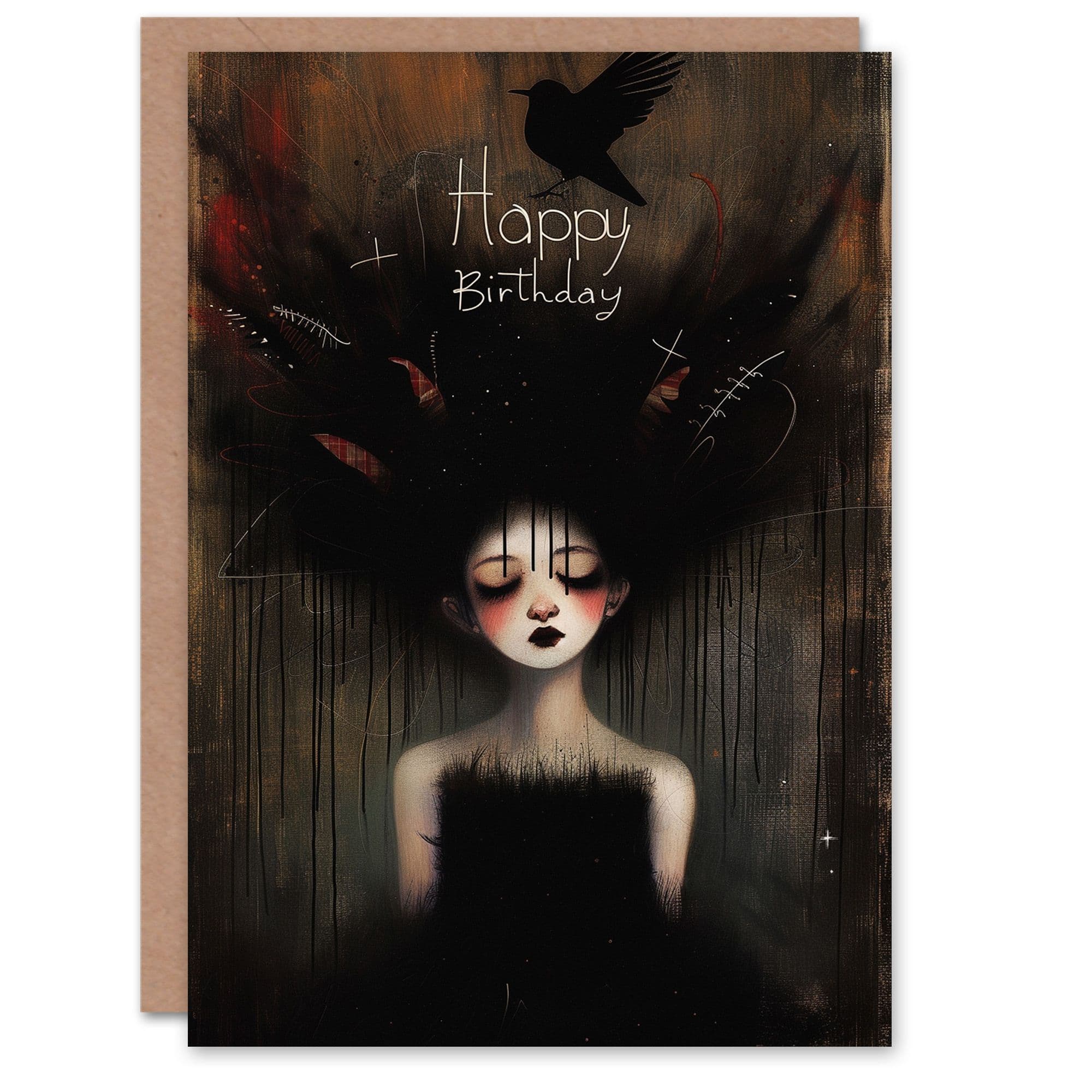 Birthday Card Cute Goth Girl Strange Dark Portrait Painting