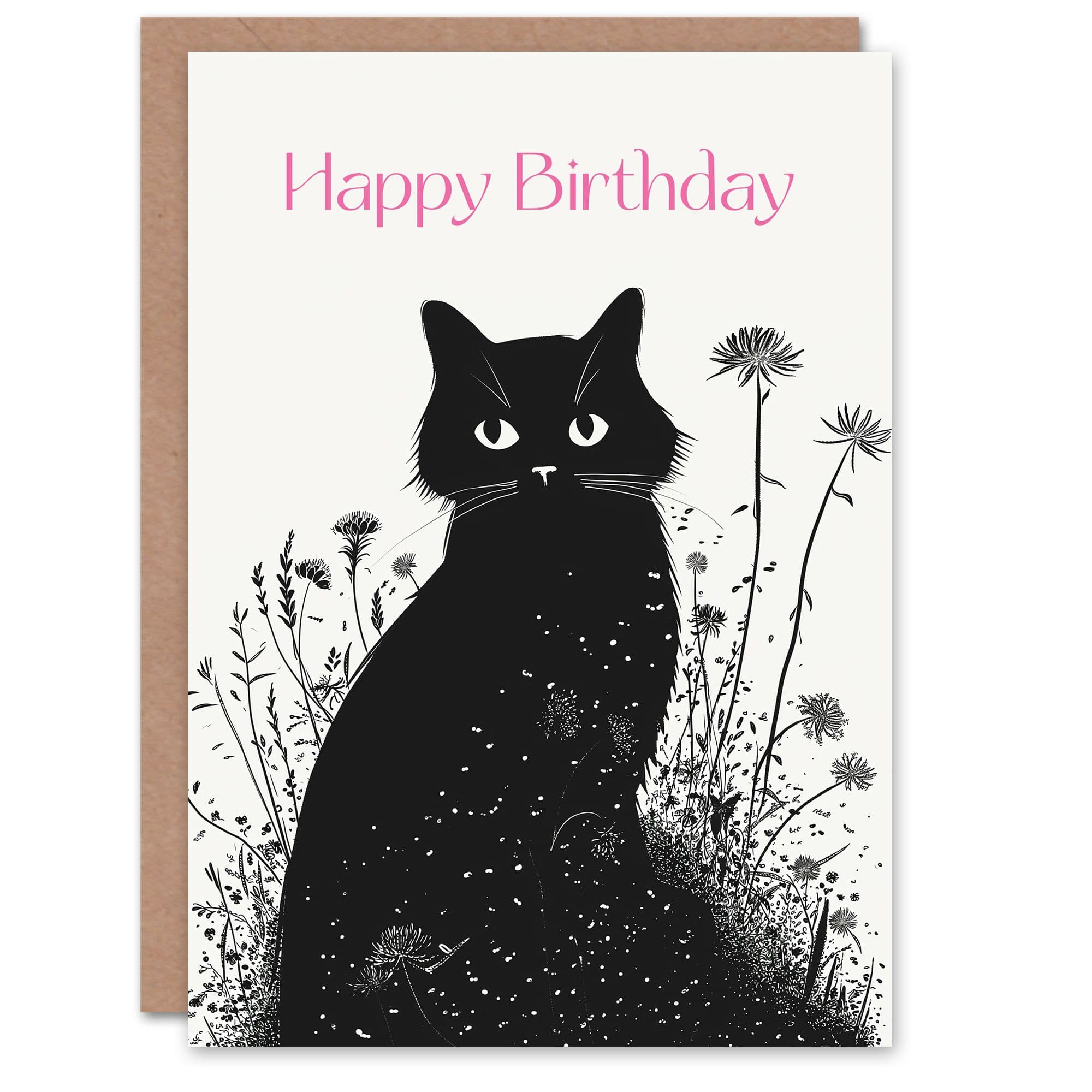Birthday Card Cat Lover Wildflower Pet Black White Design